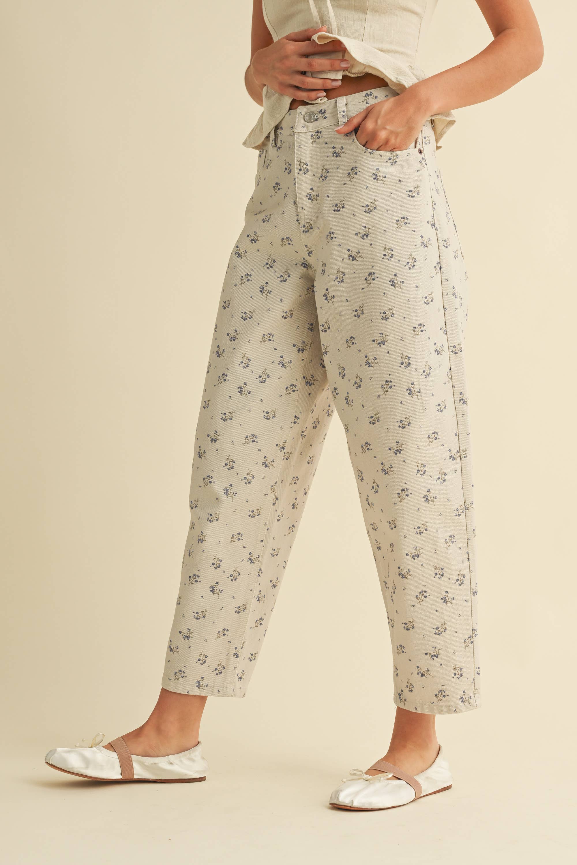 Floral Denim Pants: Cream