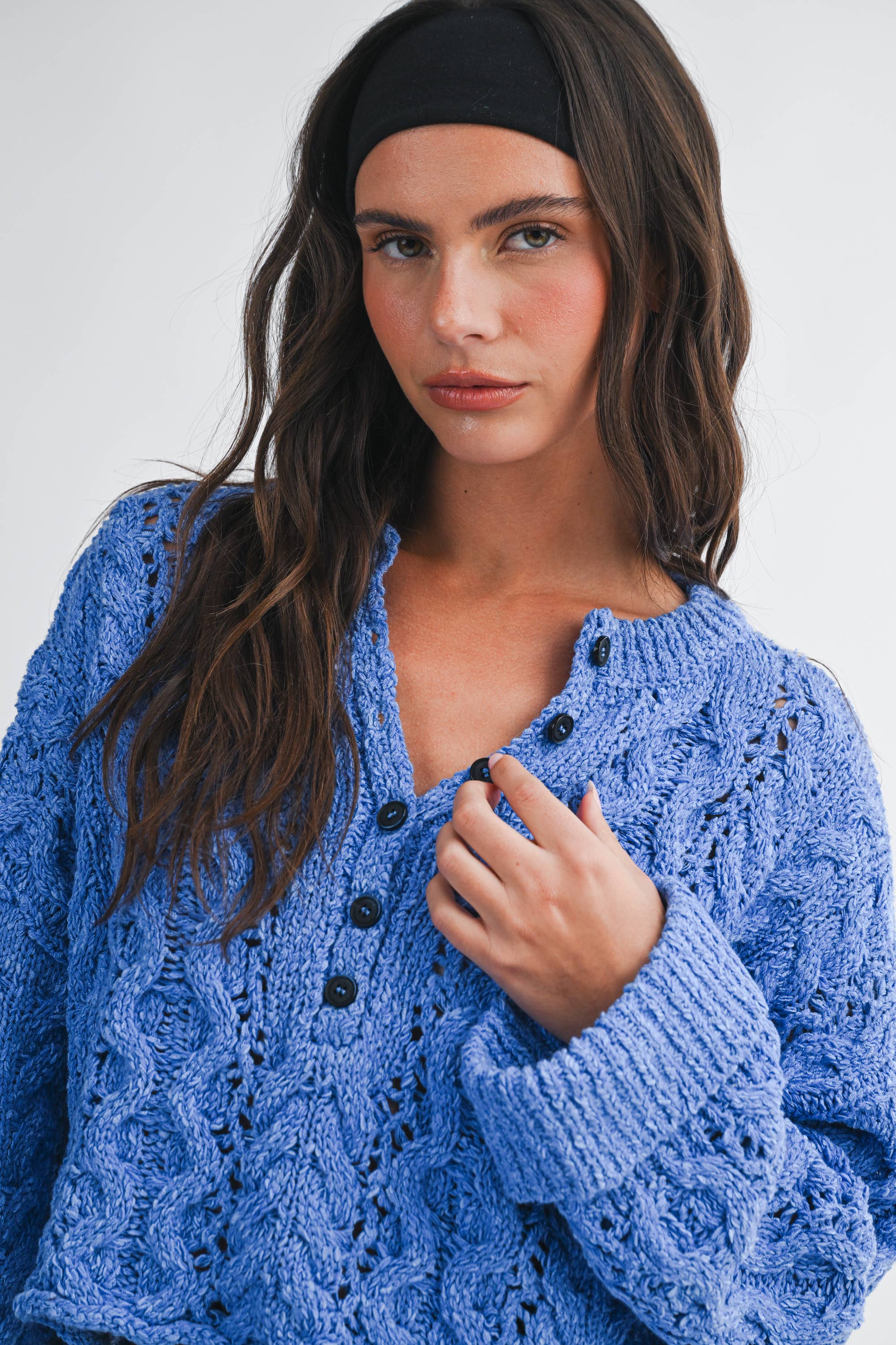 Textured Henley Knit Sweater: Blue