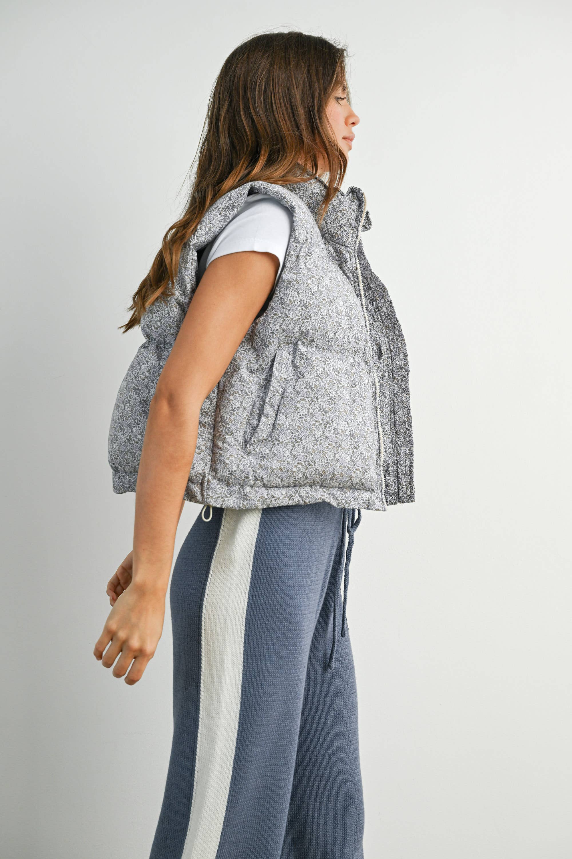Floral Puffer Vest:Lavender