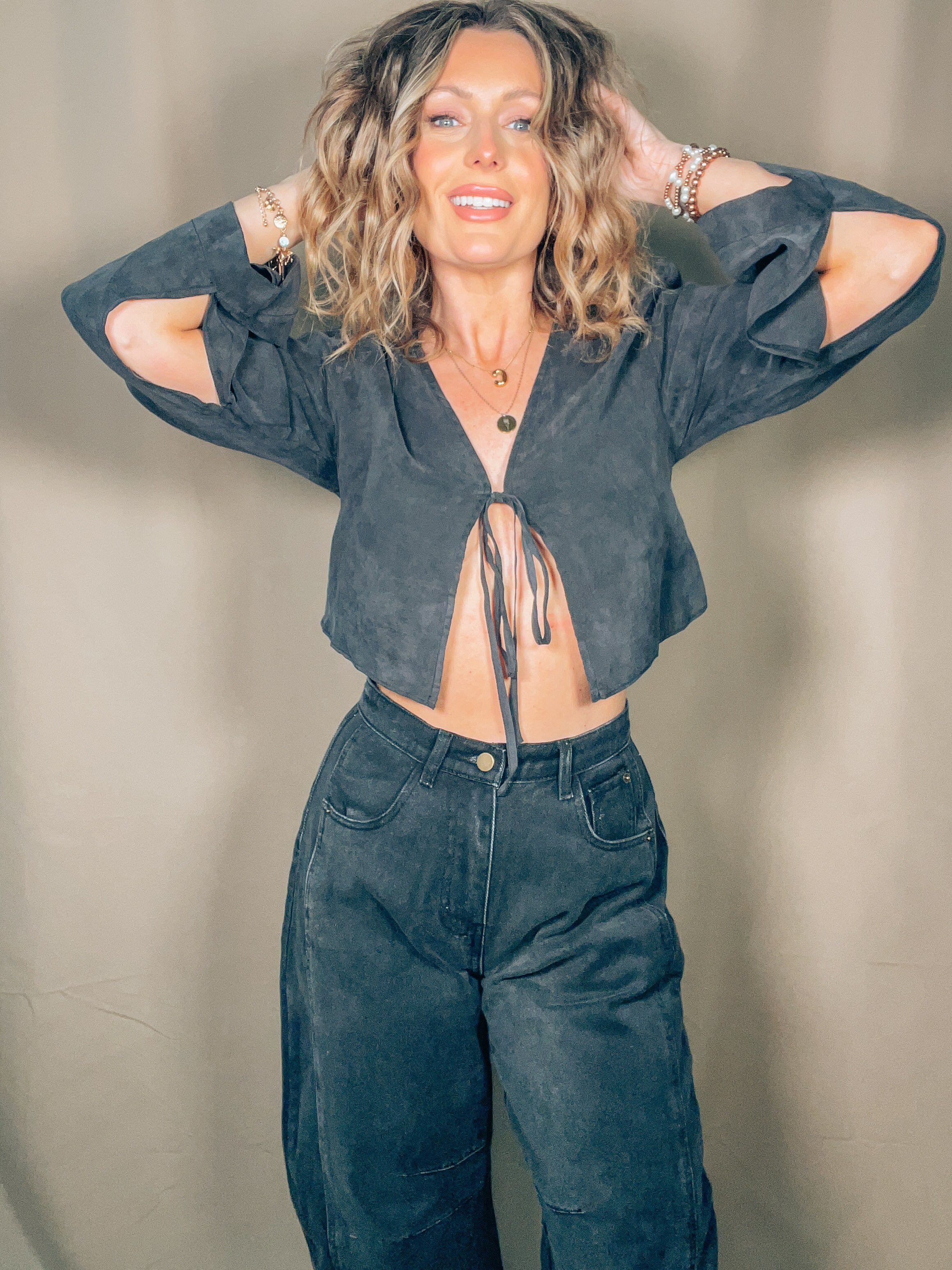 Viscose Tie Front Top:Black