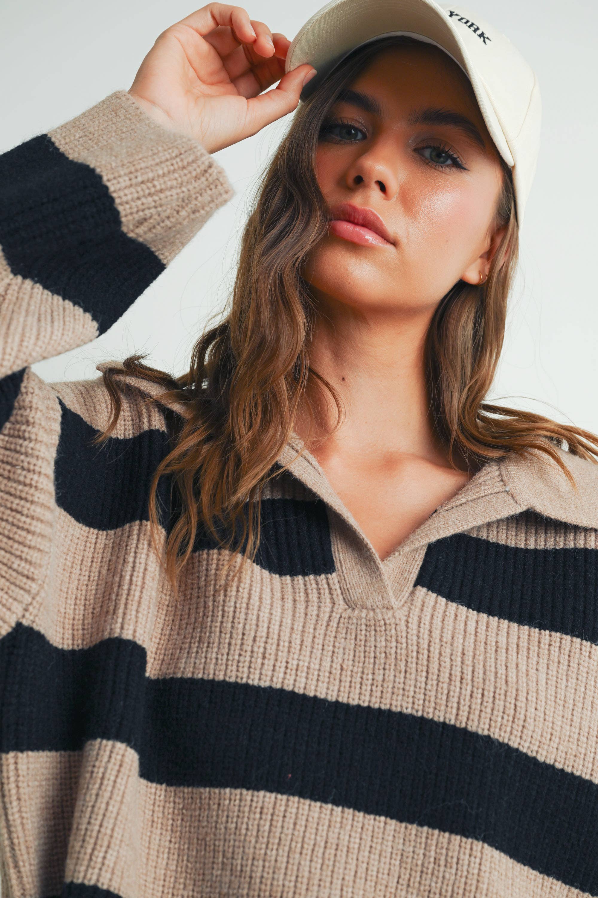 Stripe Wide Collar Sweater - Taupe/Black
