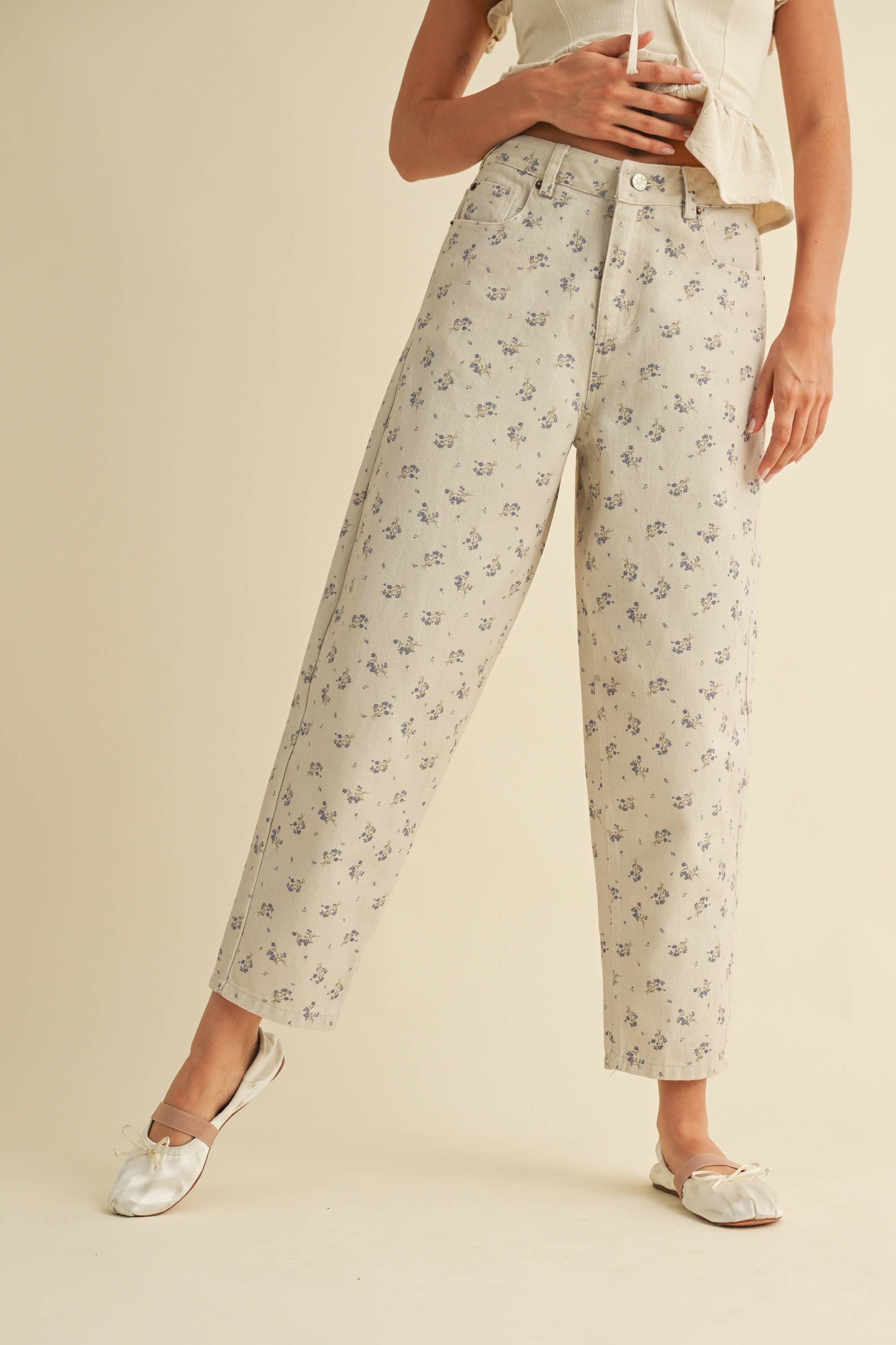 Floral Denim Pants: Cream