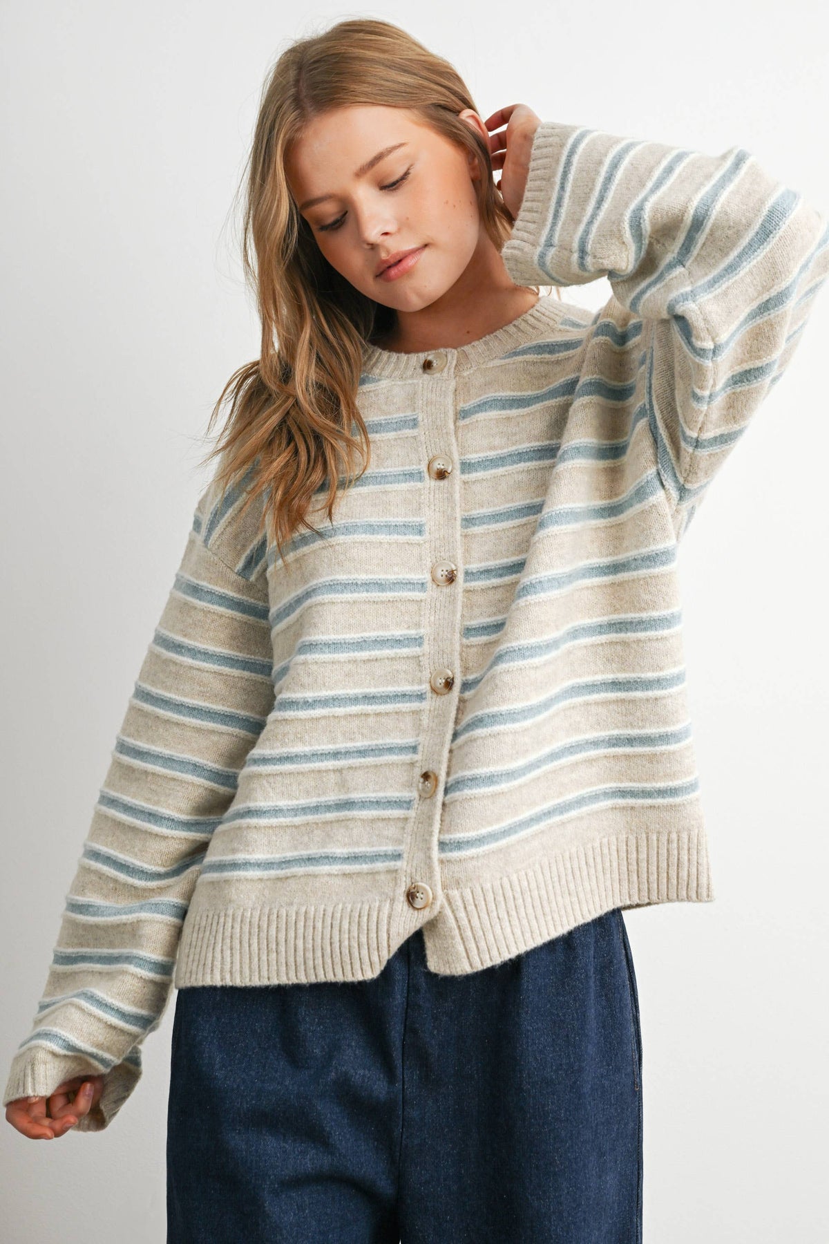 Cozy Stripe Cardigan: Taupe