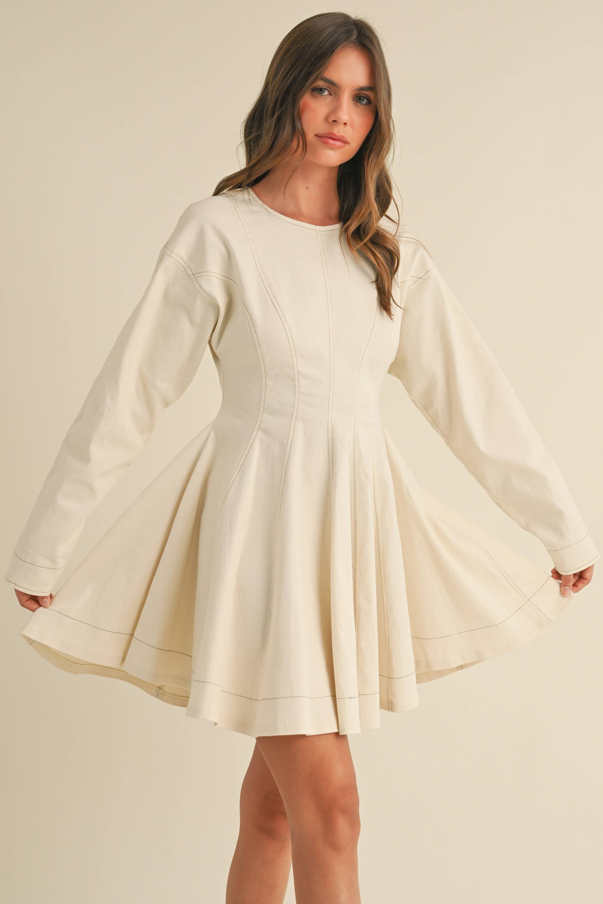 Flared Denim Mini Dress: Cream