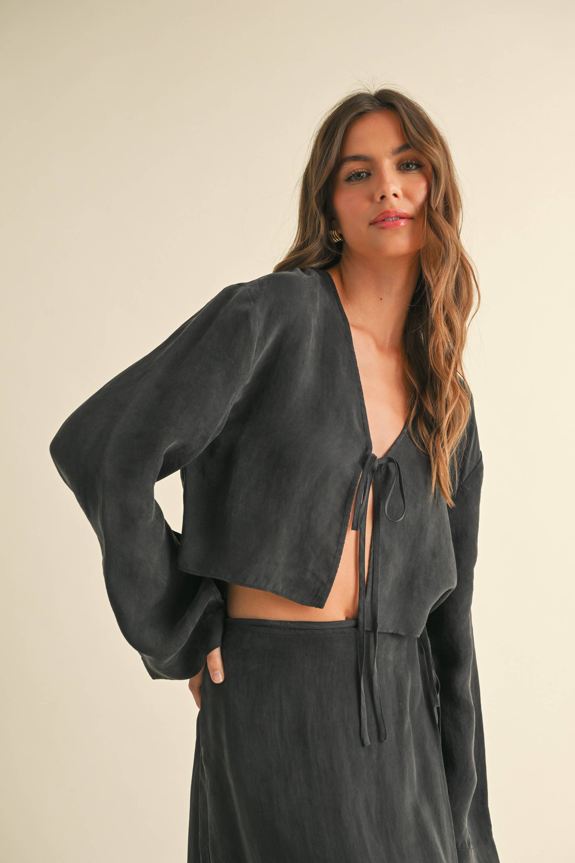 Viscose Tie Front Top:Black