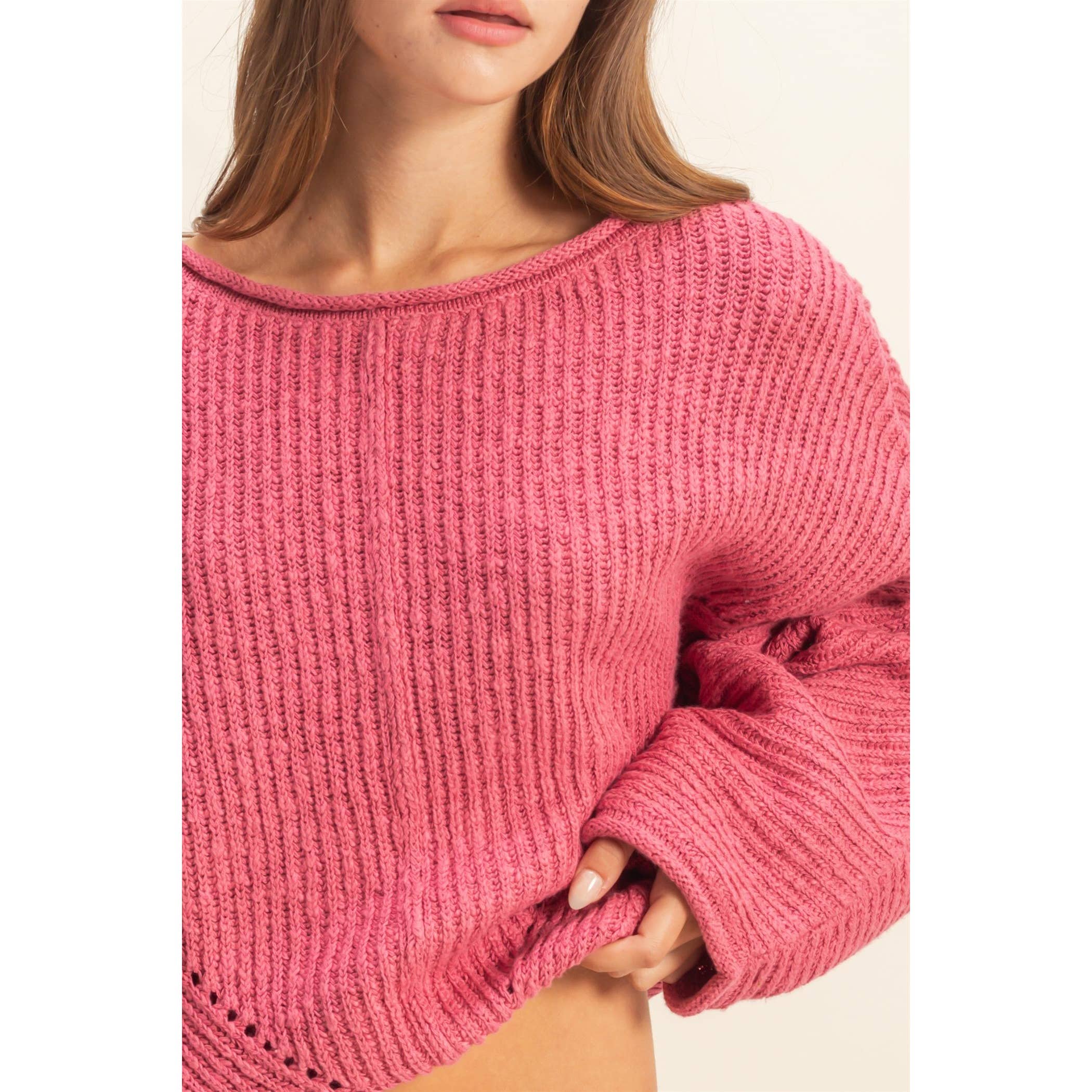 Ribbed Drop Sleeve Sweater:Rose