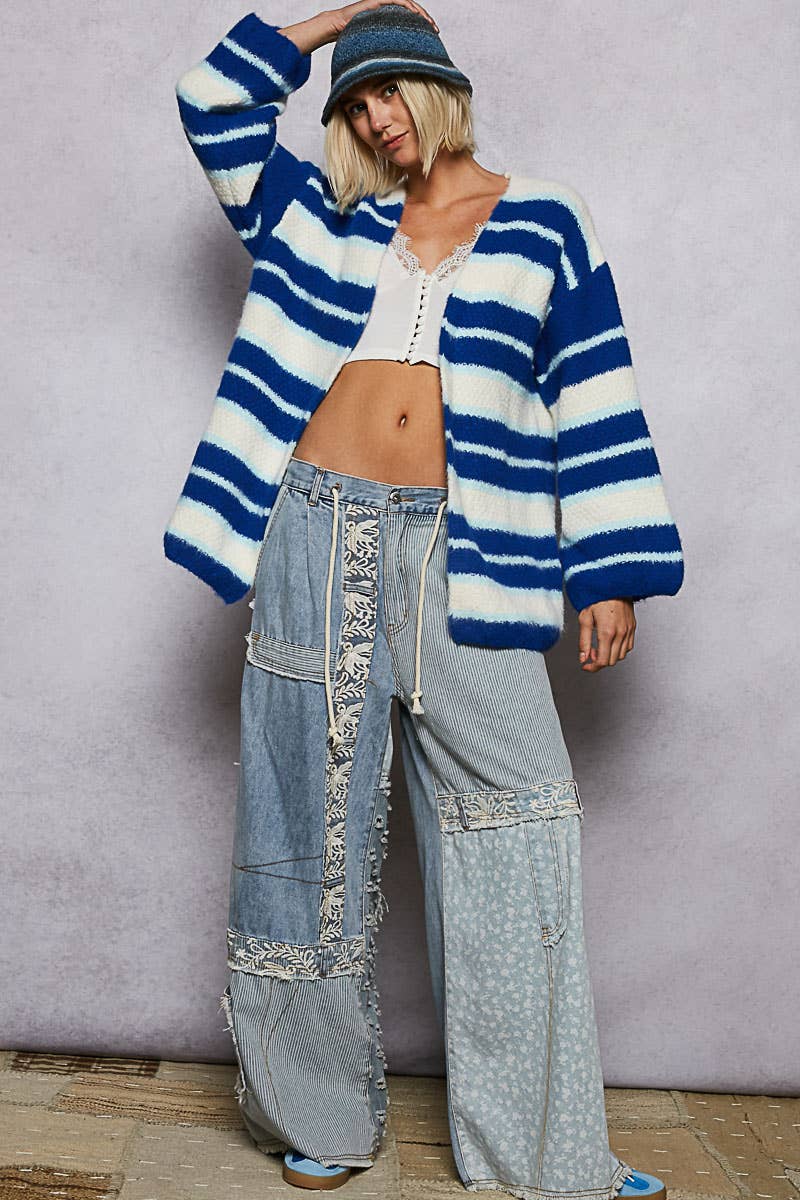 Mohair Contrast Cardigan: Ivory/Blue