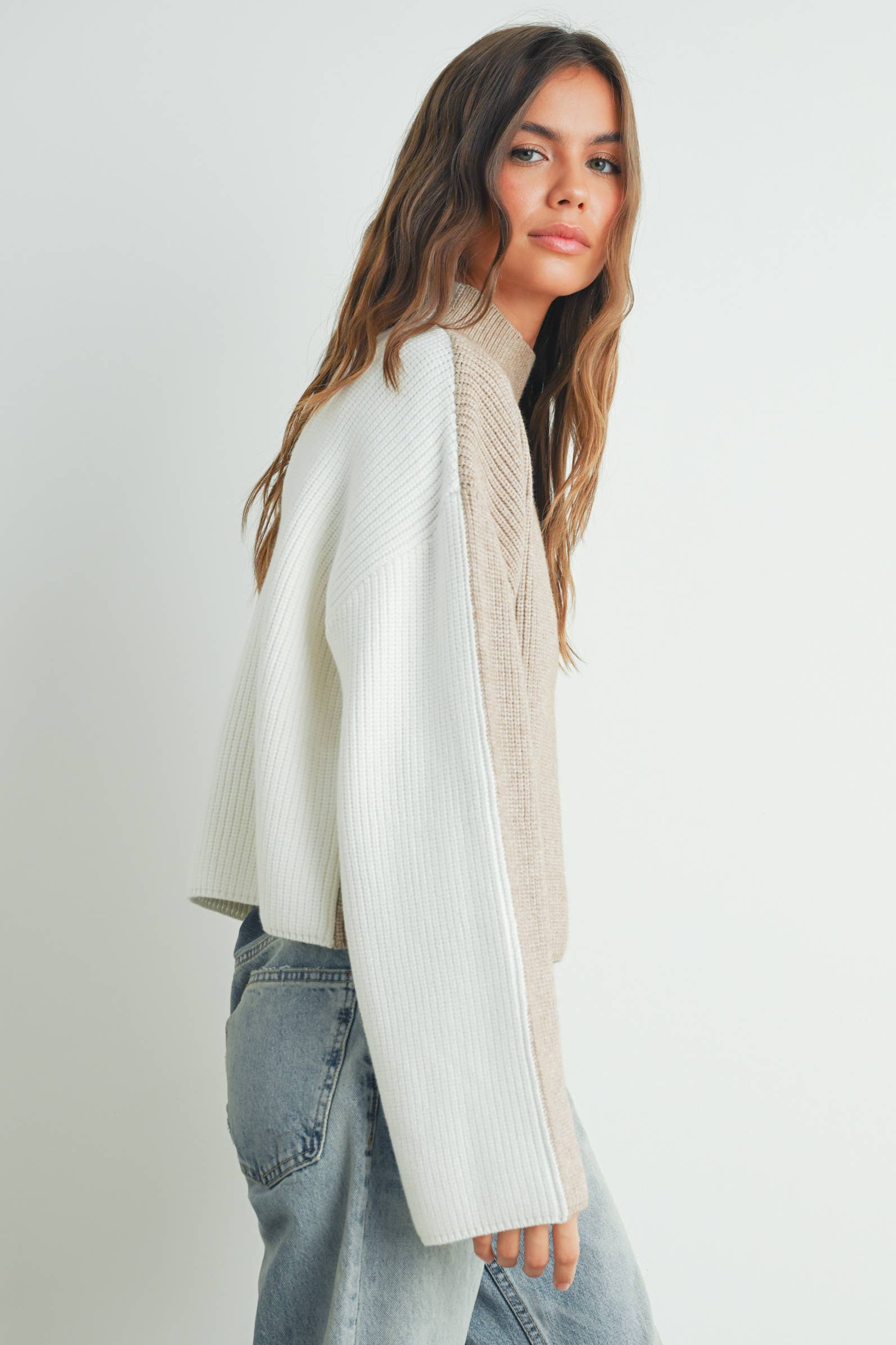 Two-Toned Turtleneck:Taupe/Ivory