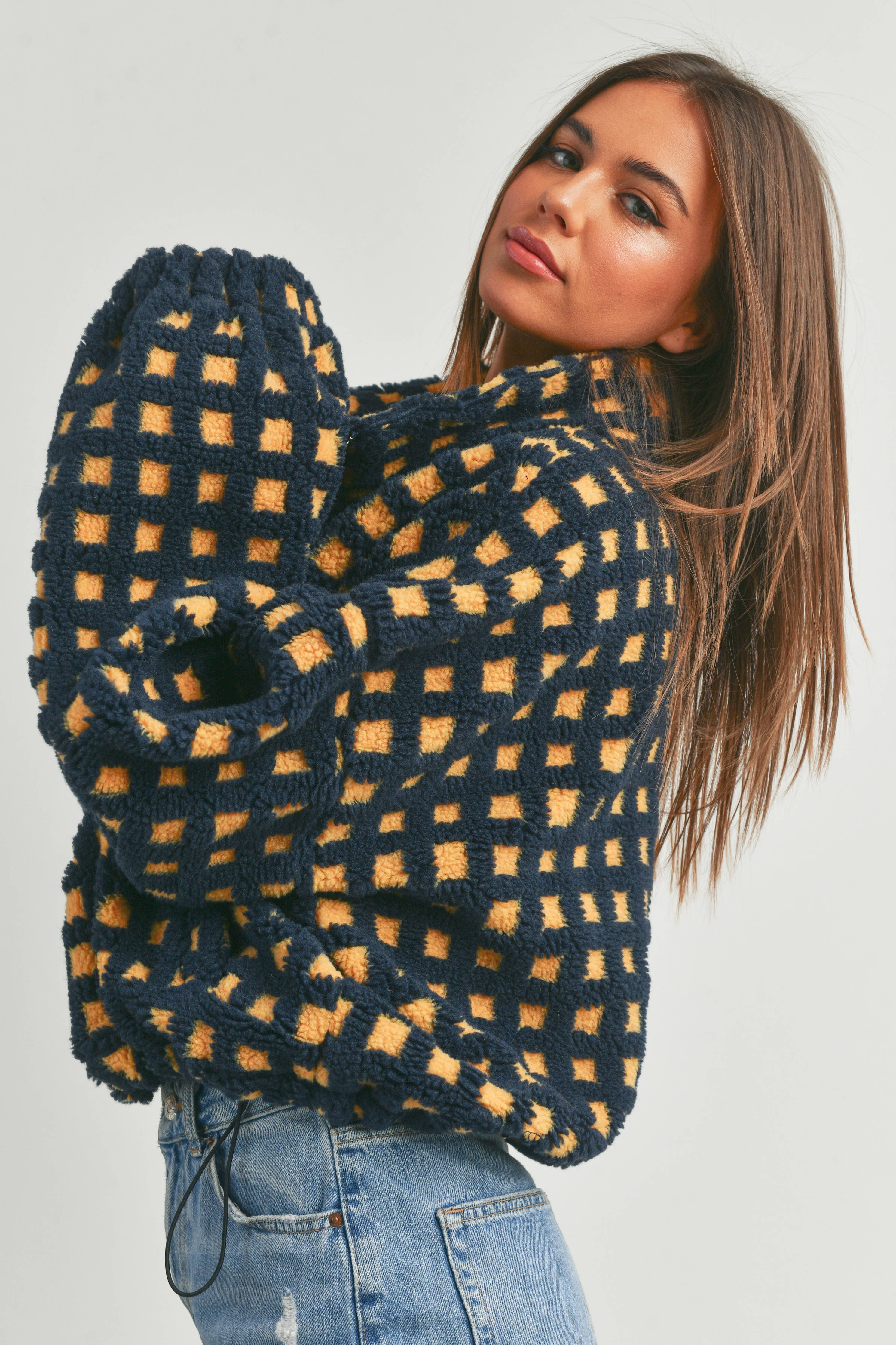 Fuzzy Sherpa Jacket: Navy Multi