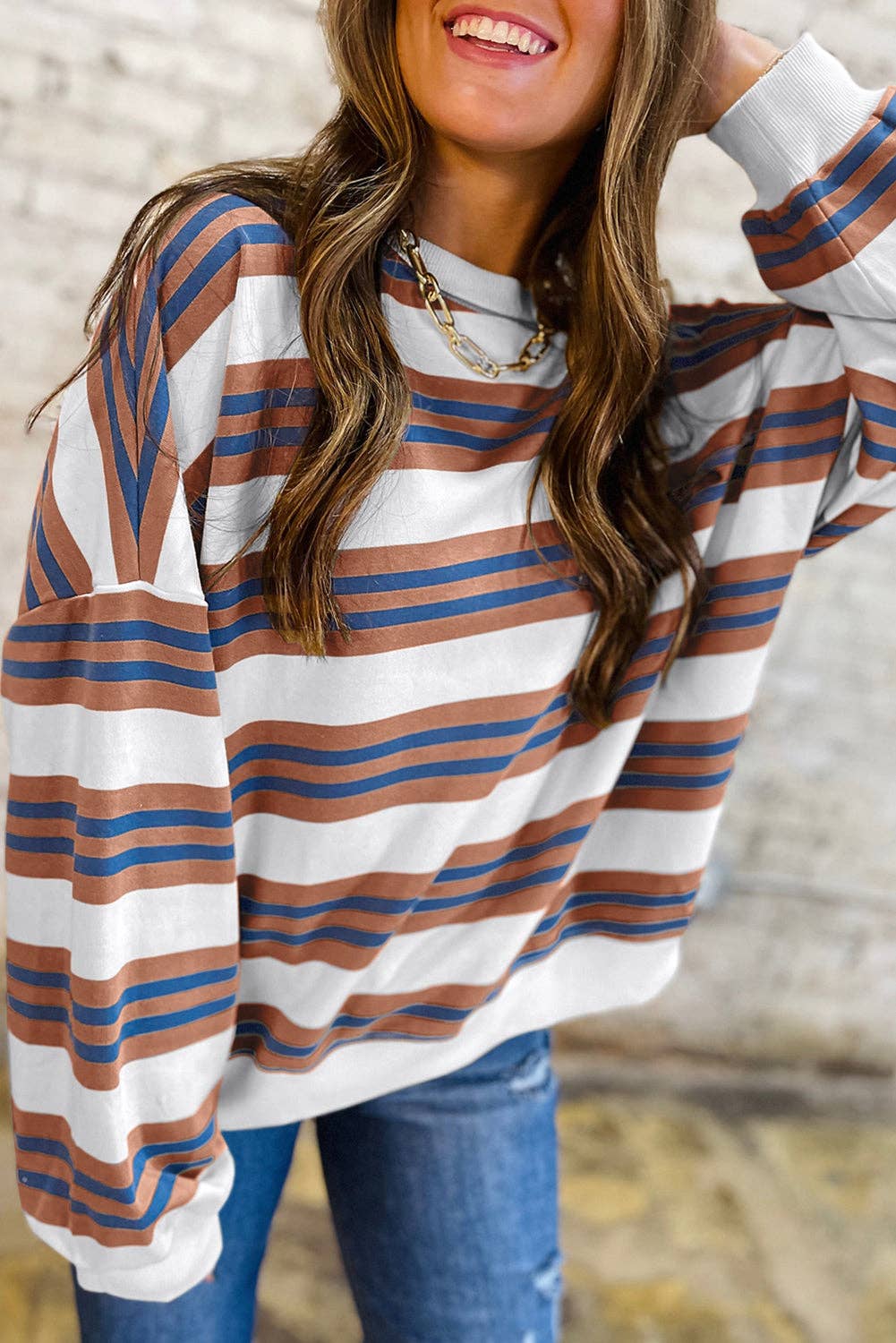 Khaki Stripe Crew Pullover: Brown