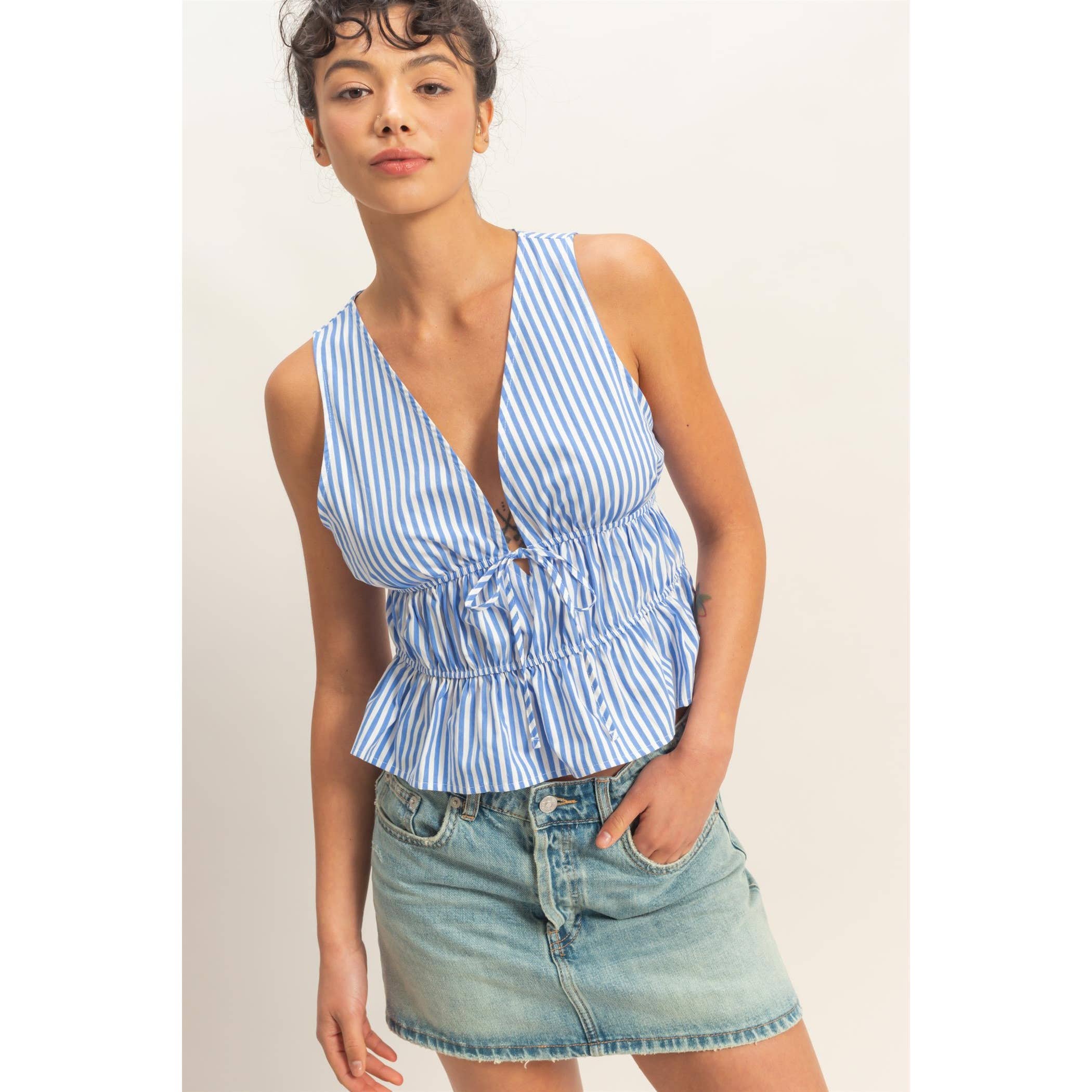 Tie Front Peplum Top: Blue