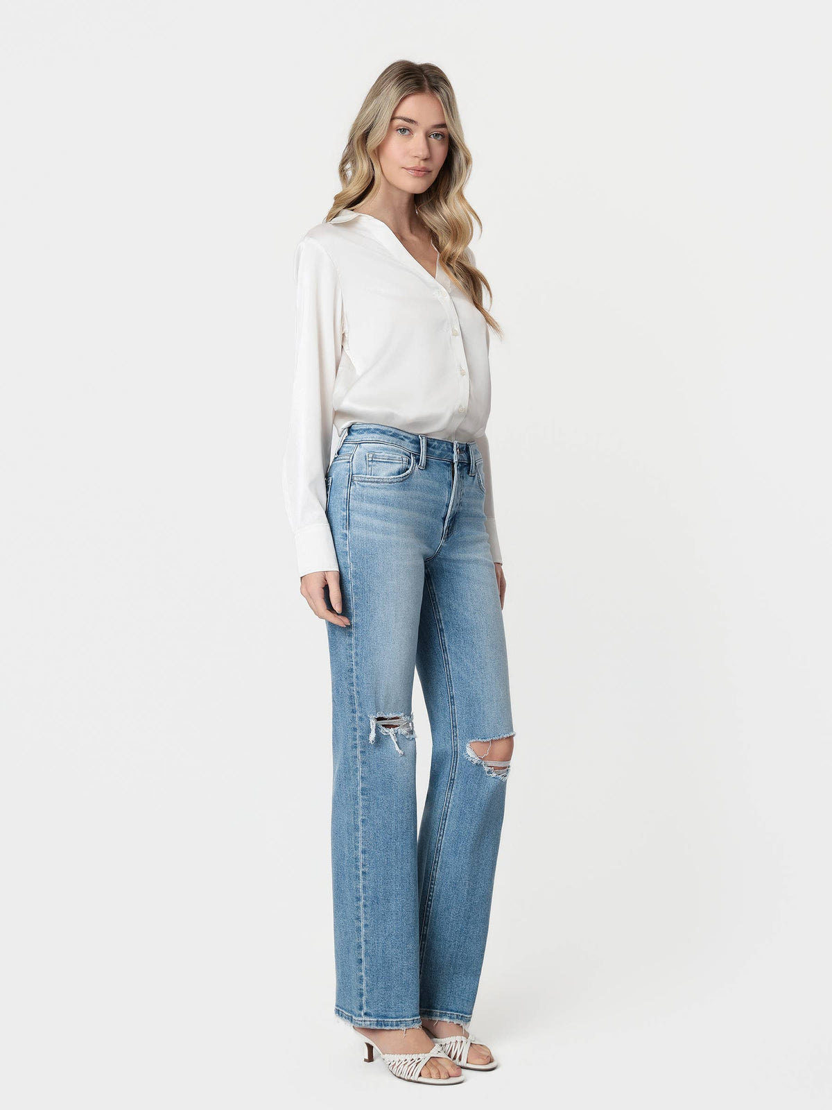 Light Distressed Slim Wide Leg Jeans