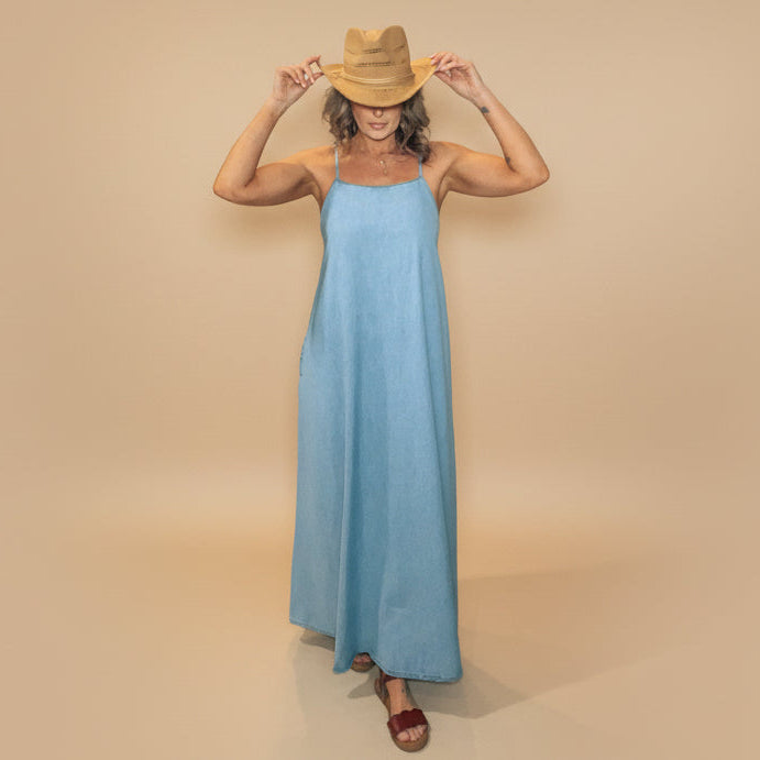 Denim Open Back Dress: Lt.Wash