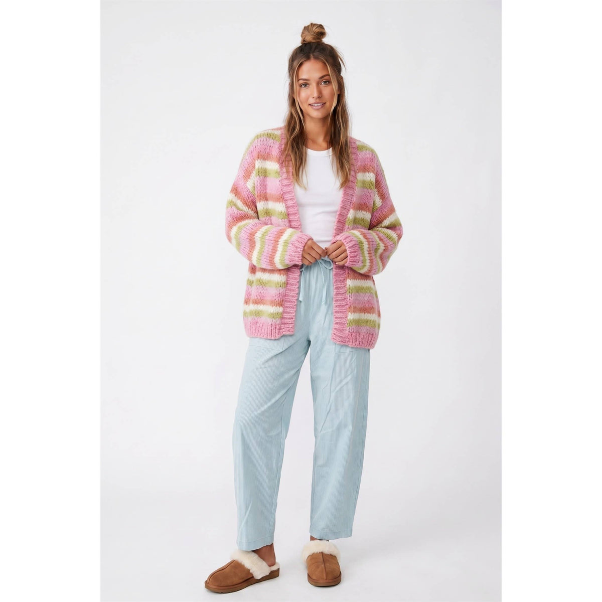 Stripe Open Cardigan: Rose
