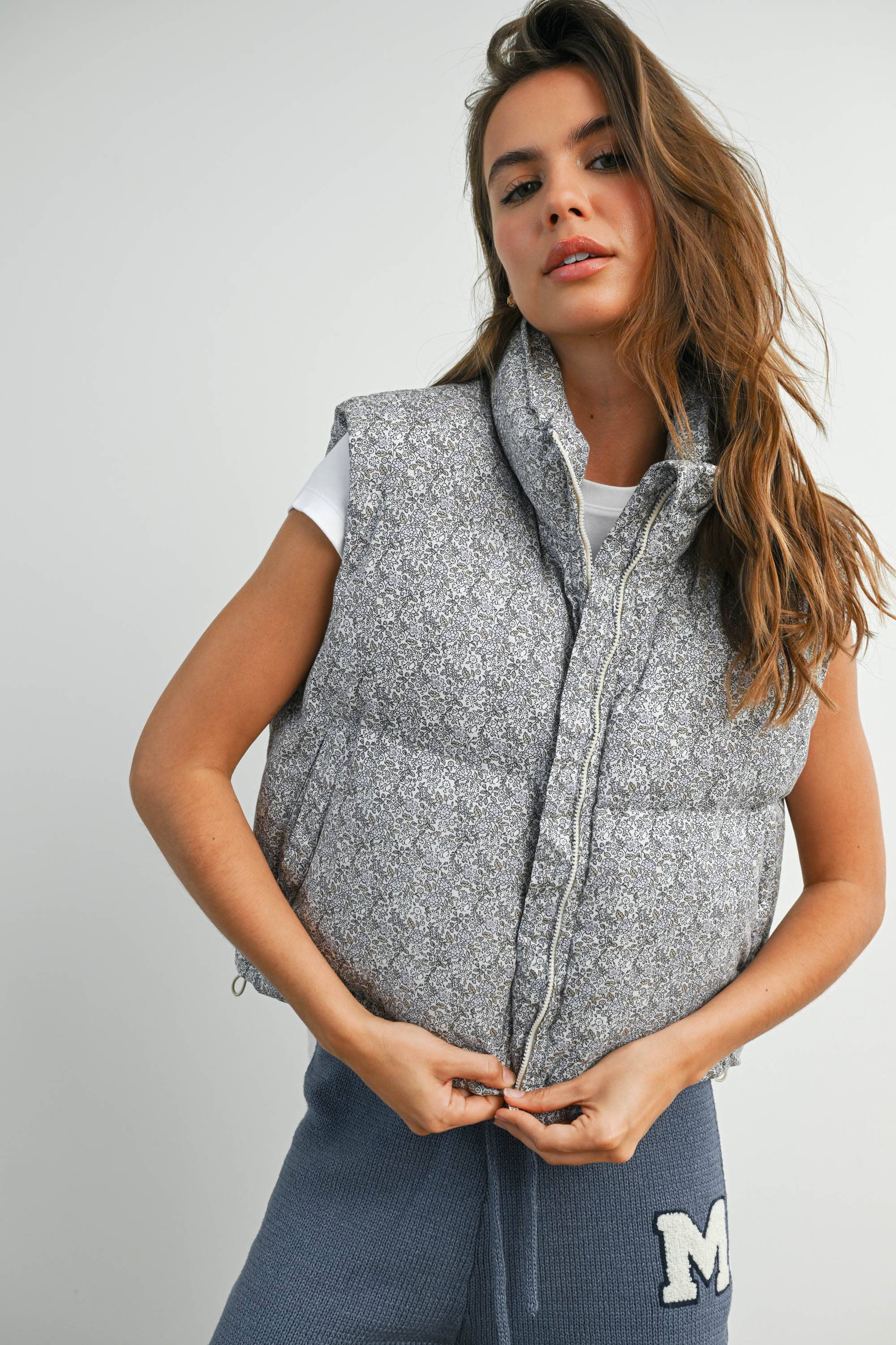Floral Puffer Vest:Lavender
