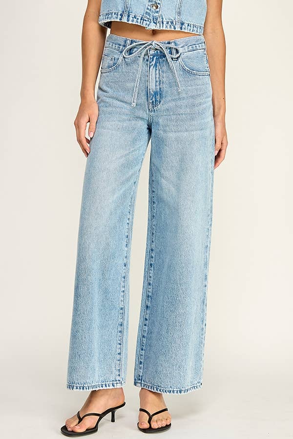 Self Tie Wide Leg Jeans: Denim