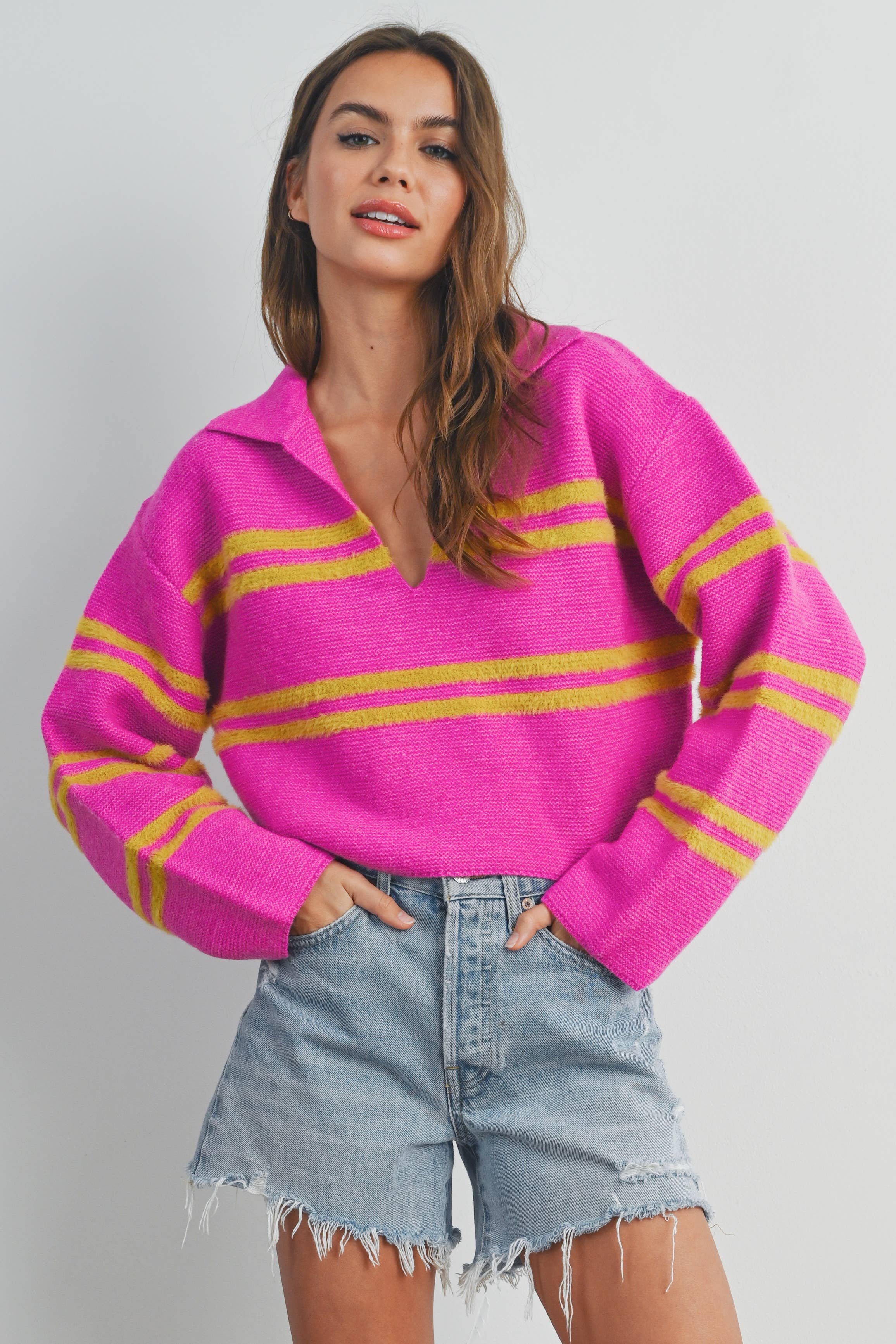 Stripe Crop Collar Sweater-Pink/Lime