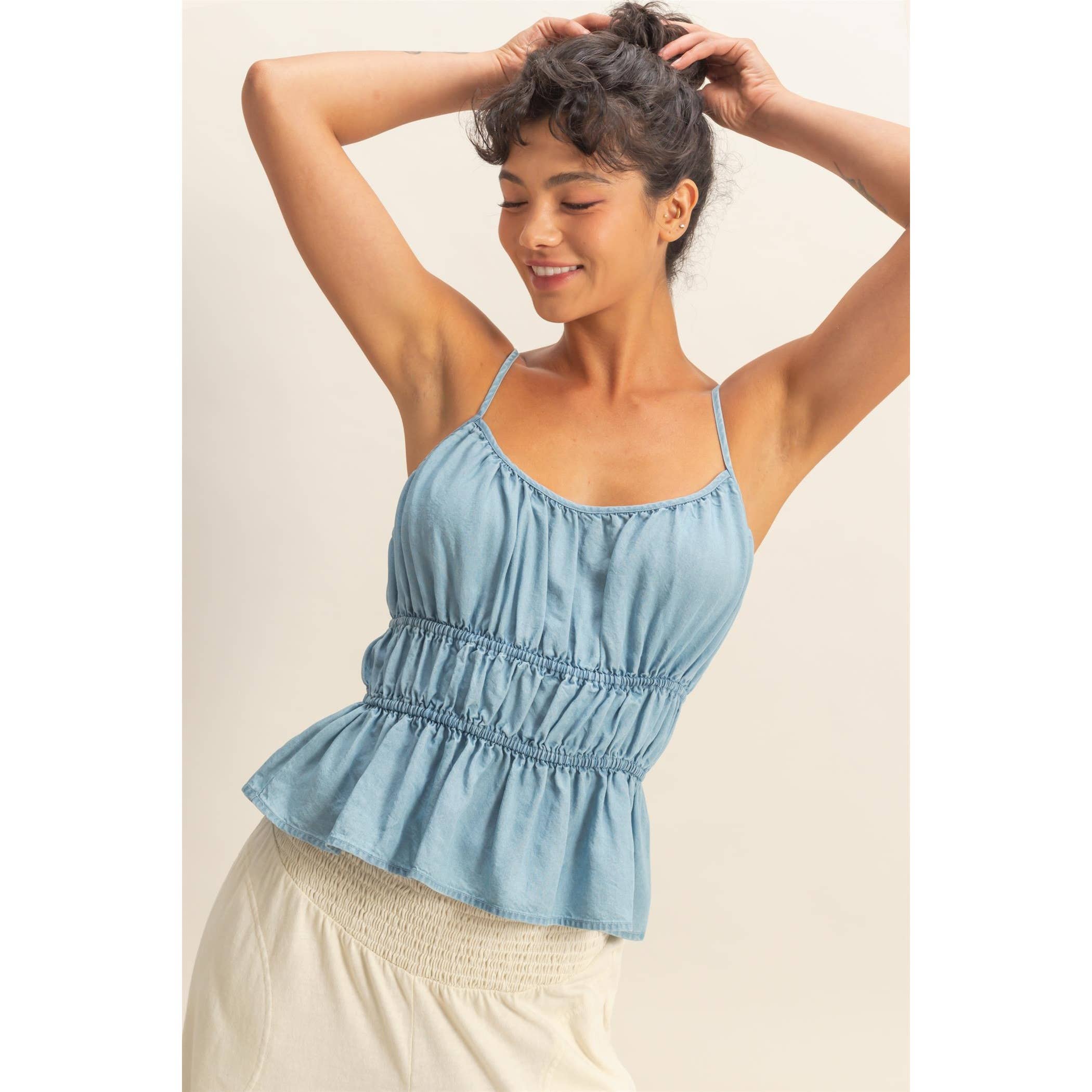 Cinched Waist Peplum Top: Lt. Blue