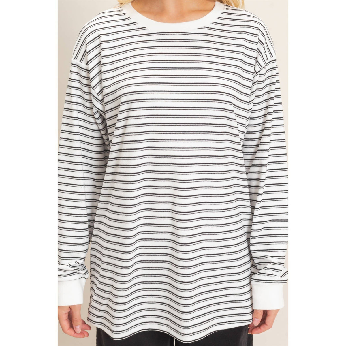 Striped Crew Neck Top: White