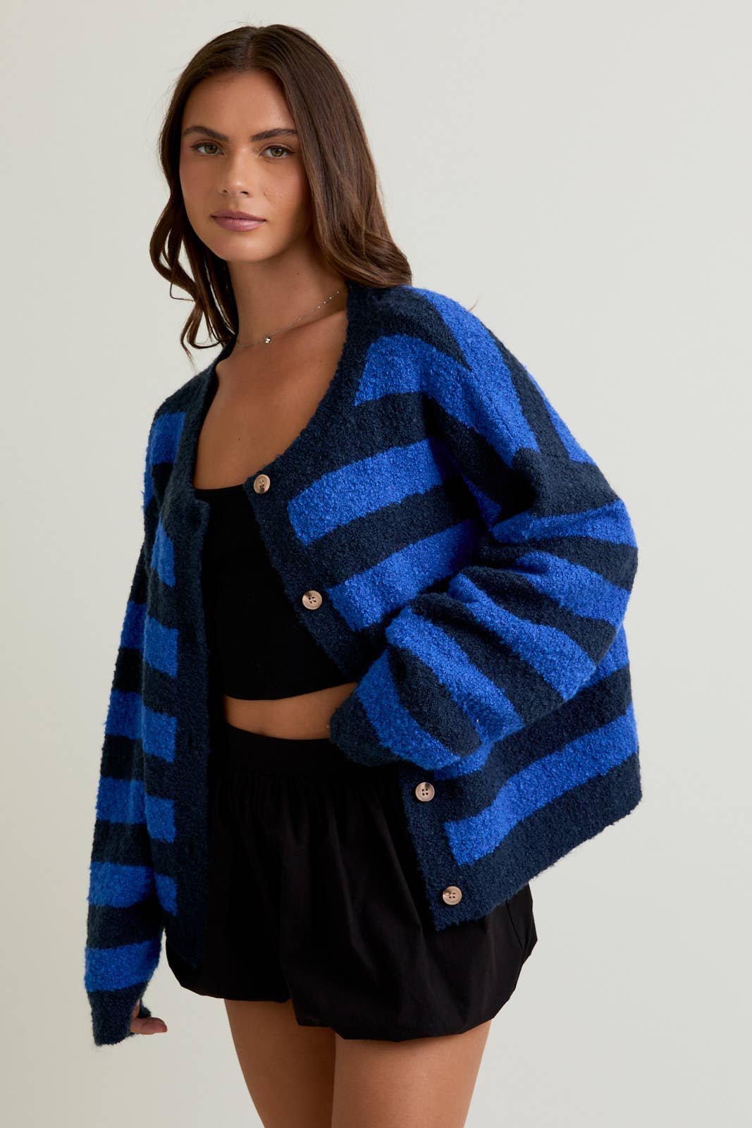 Fuzzy Boucle Cardigan: Blue-Navy