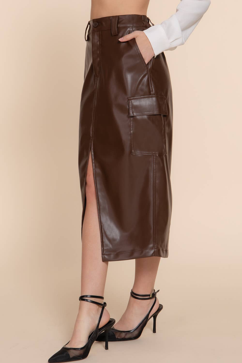 Faux Leather Cargo Skirt: Warm Brown