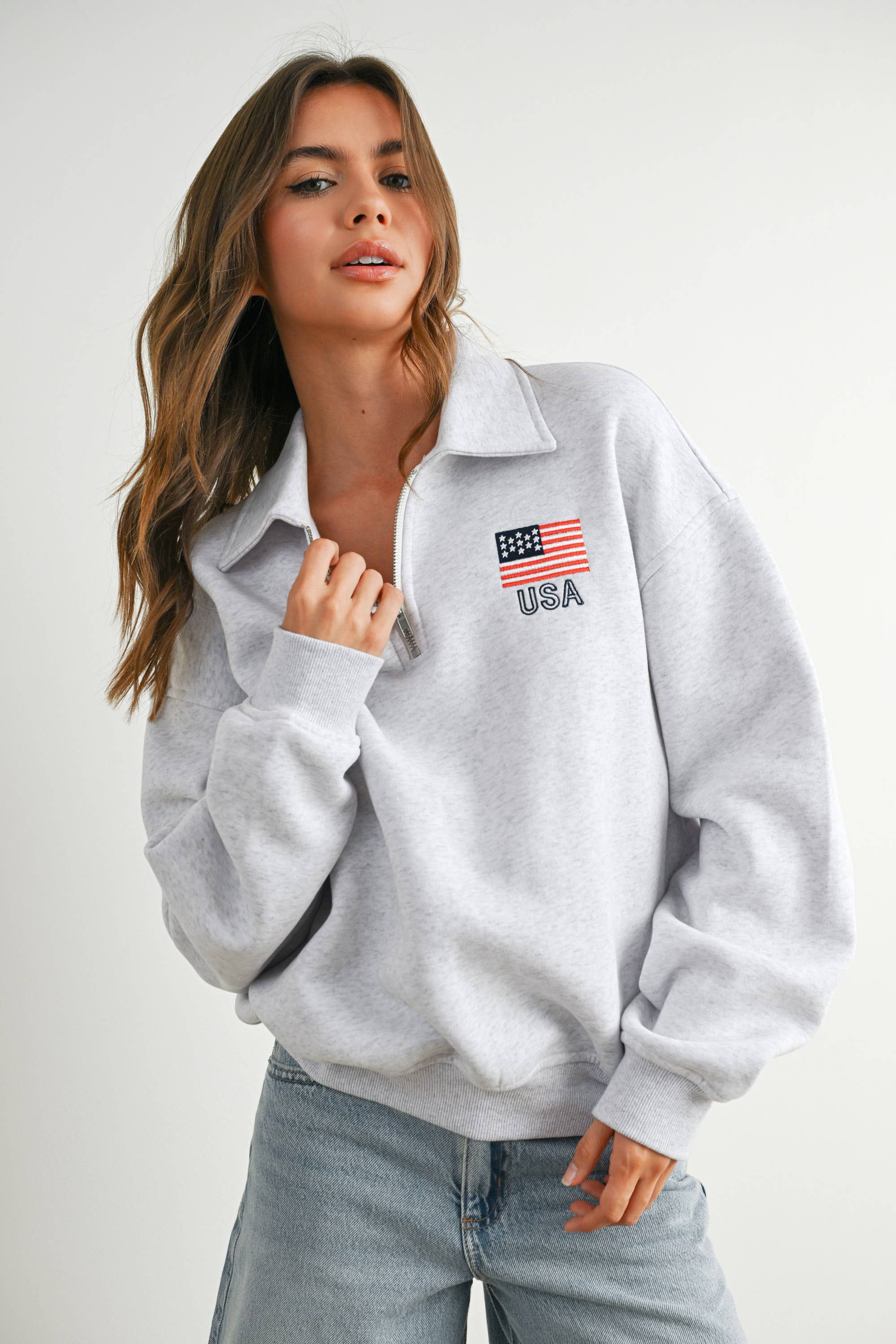USA Collared Quarter-Zip Top: Grey