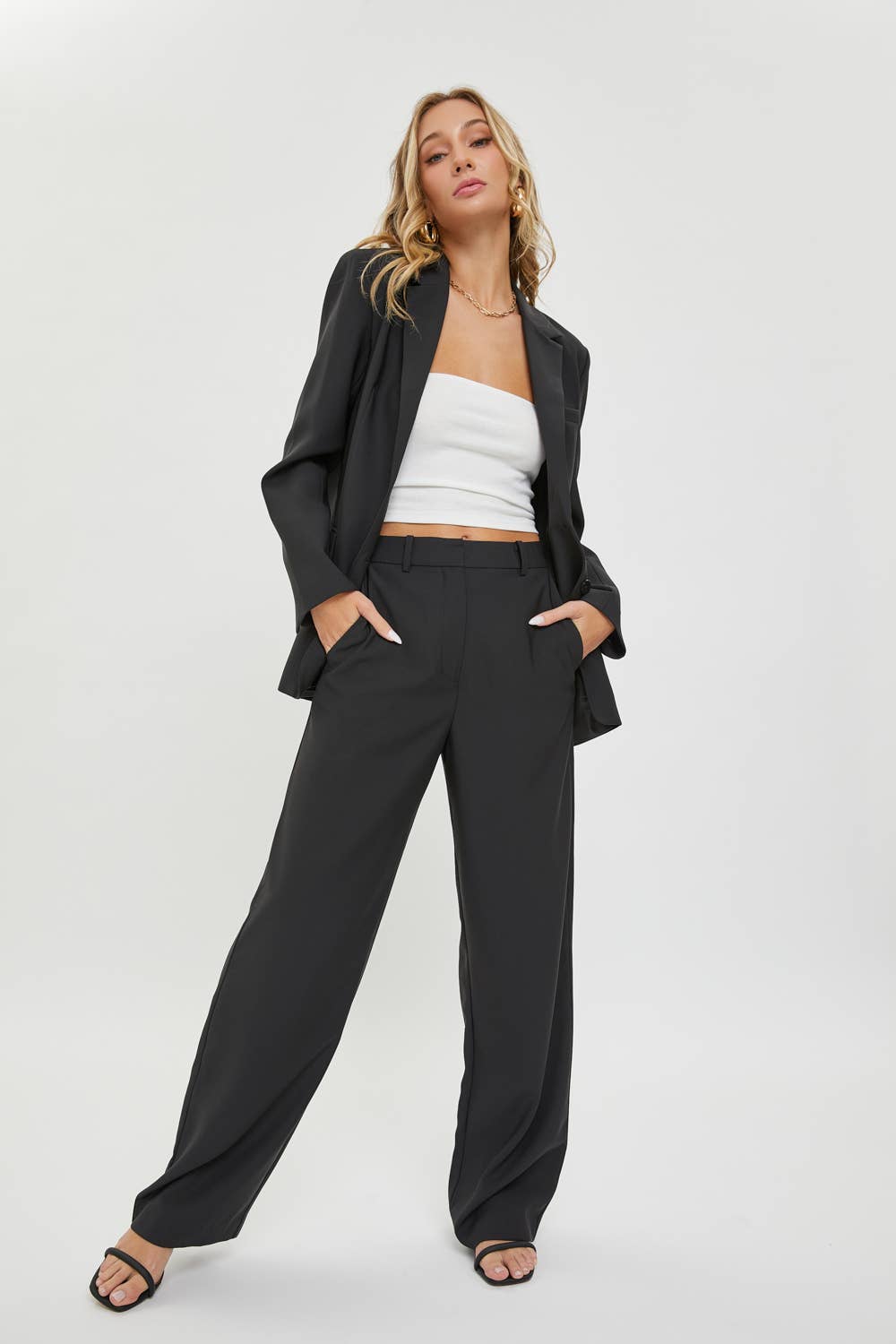 High Rise Trousers:Taupe/Grey