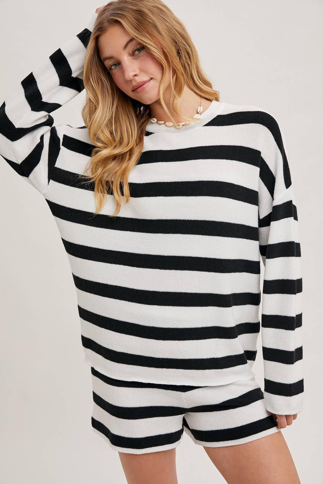 Striped Knit Pullover Set: Blue