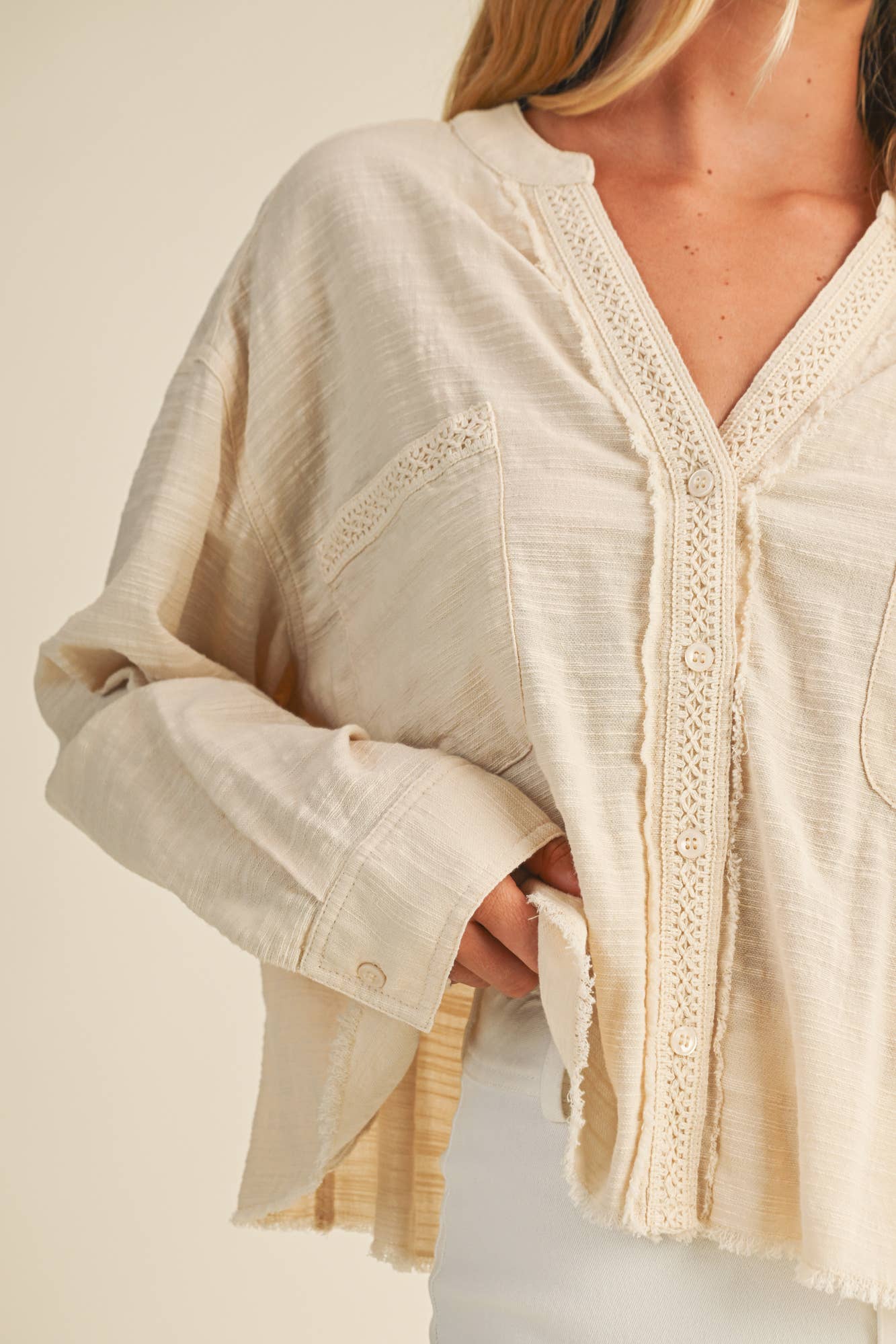 Lace Trim Button-Down Shirt