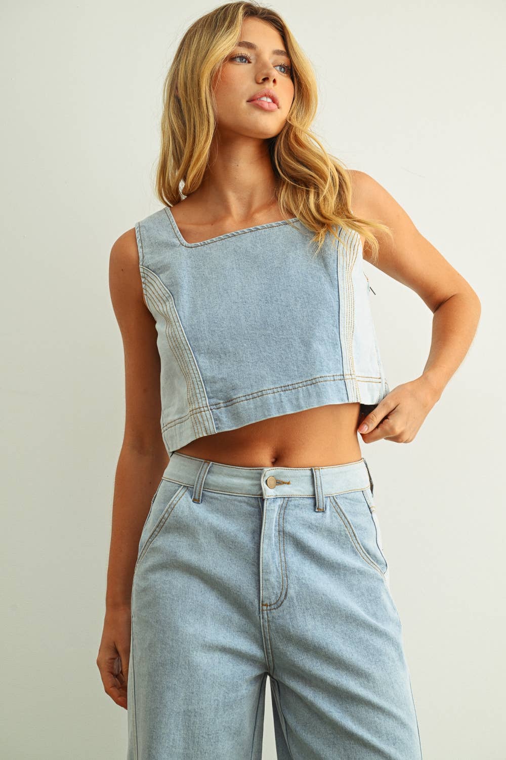 Denim Color Blocked Top: