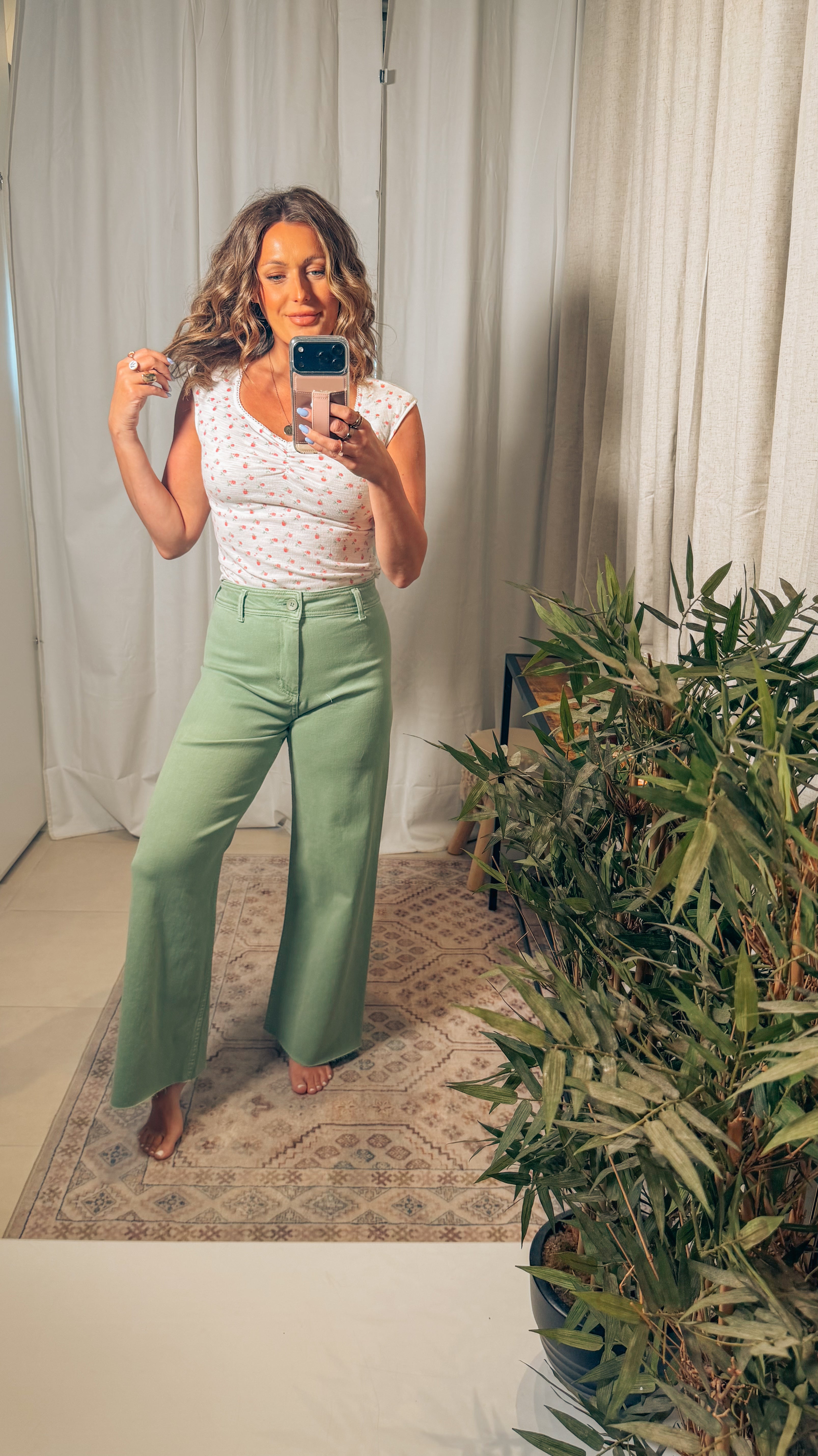 Wide Leg Denim Pants: Matcha