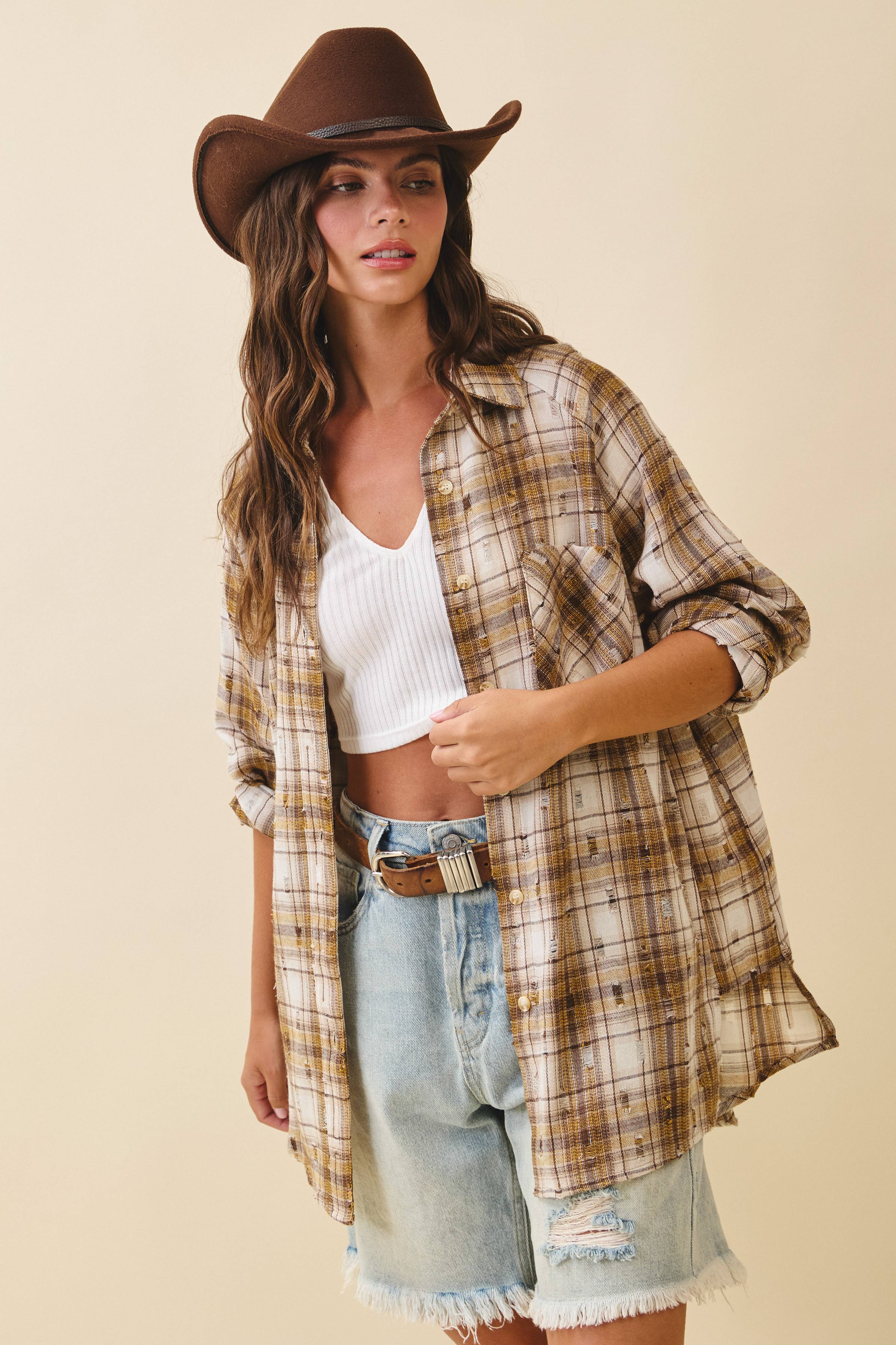 Plaid Button-Down Shirt: Brown