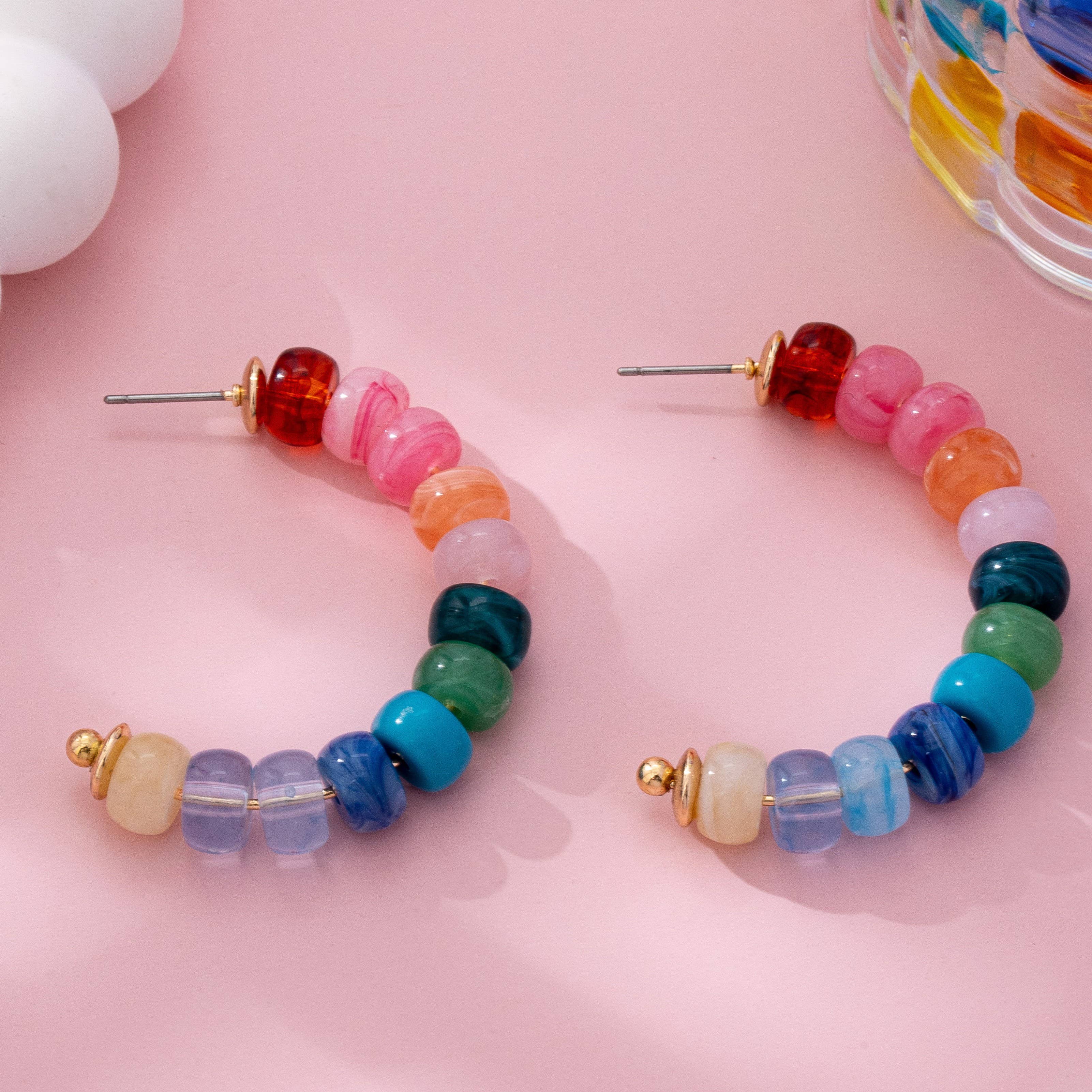 Rainbow Beaded Hoop Earrings:
