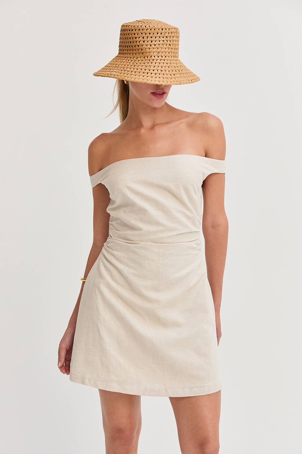 Off Shoulder Ruched Mini Dress: Oat