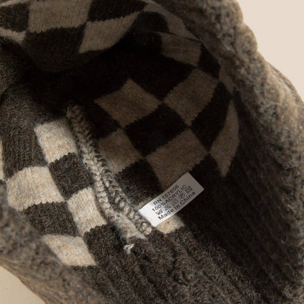 Checkered Pom Beanie Brown
