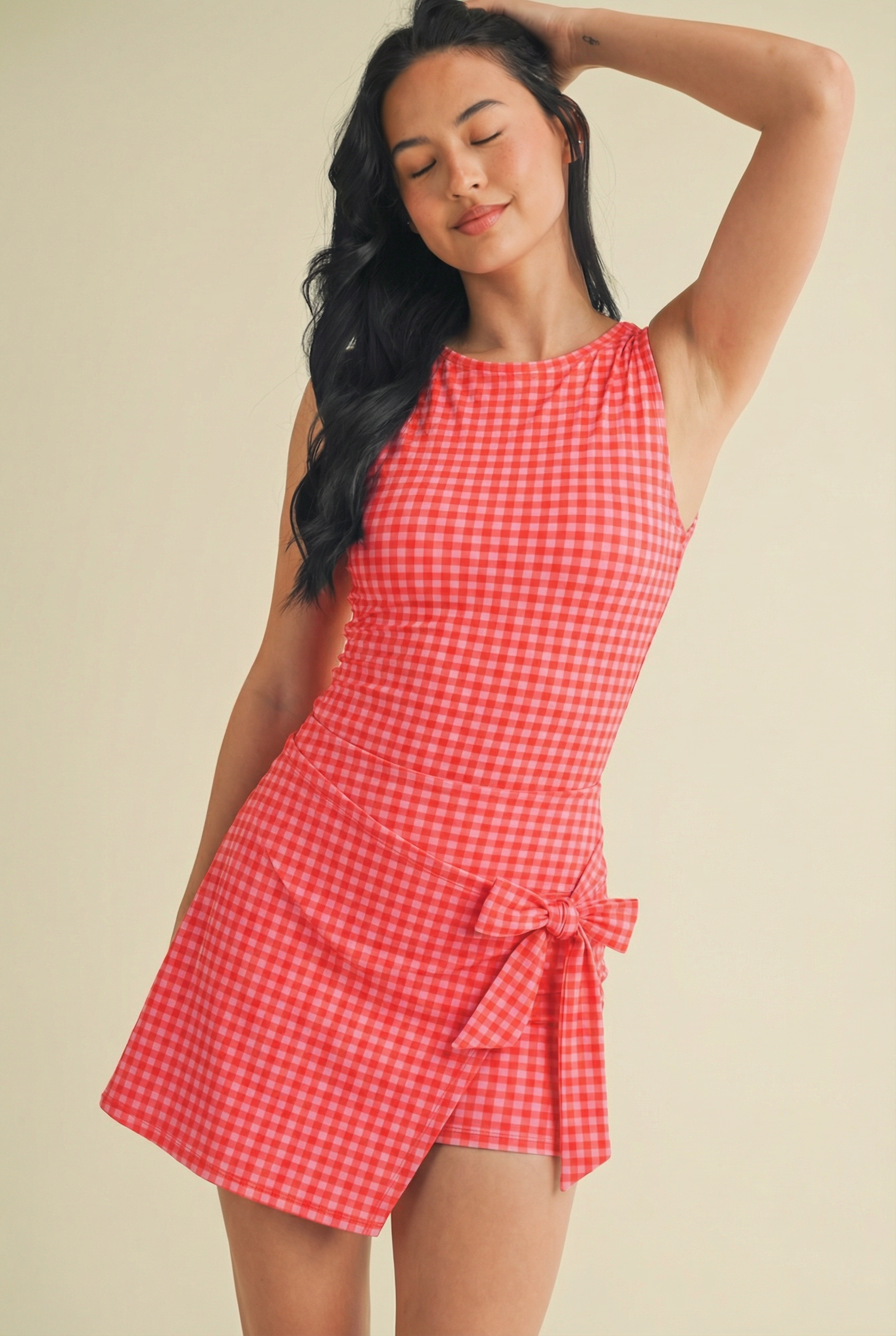 Gingham Tie Front Dress : Hot Pink