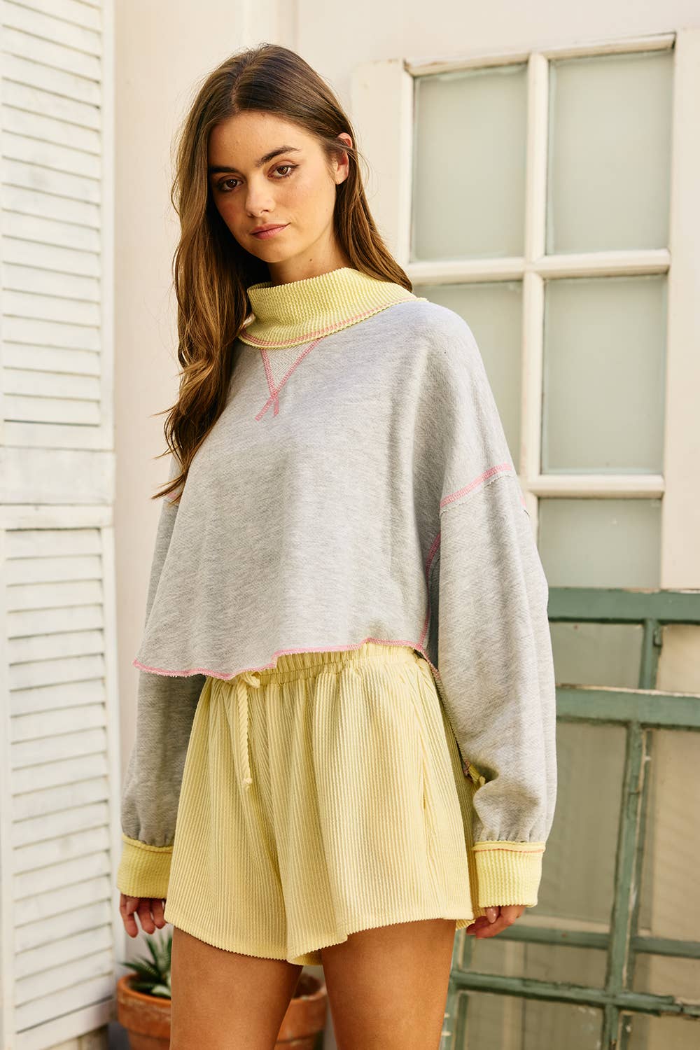 Ribbed Collared Cape Sweatshirt: Yellow