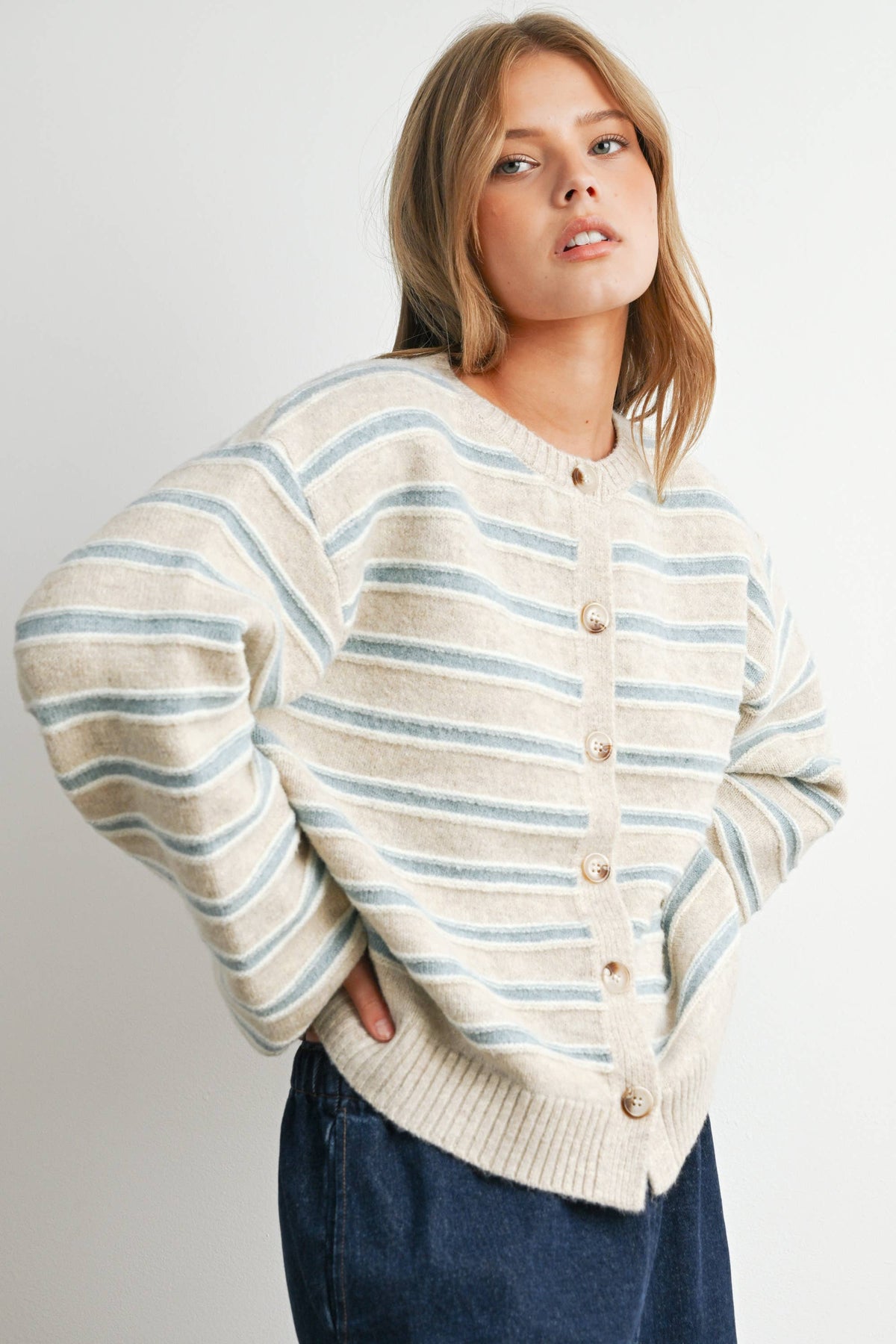 Cozy Stripe Cardigan: Taupe