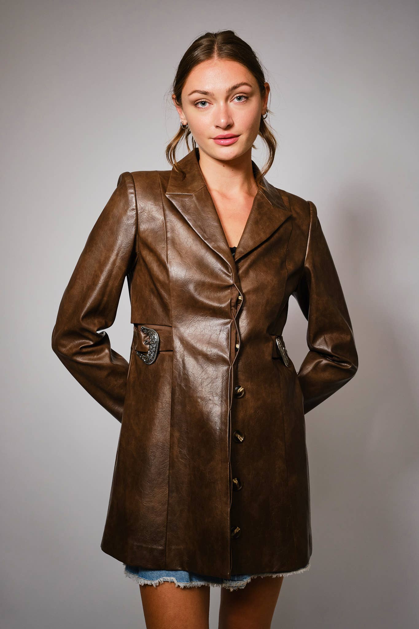 Western Faux Leather Blazer: Dk. Brown