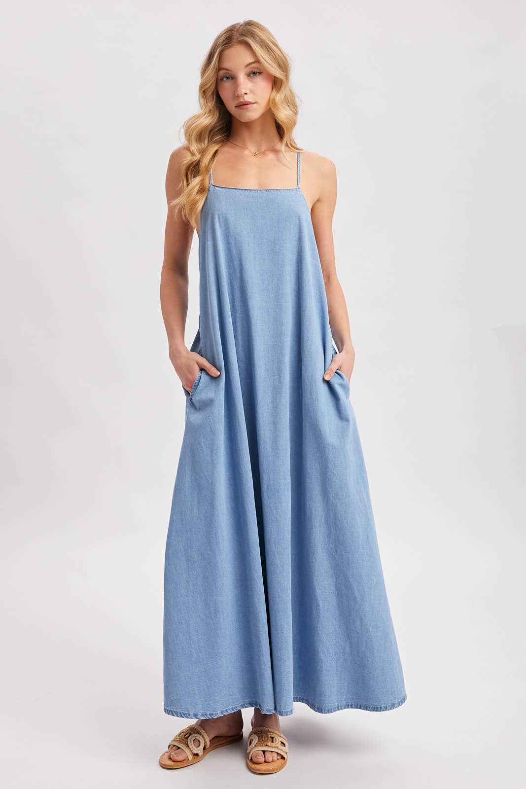 Denim Open Back Dress: Lt.Wash