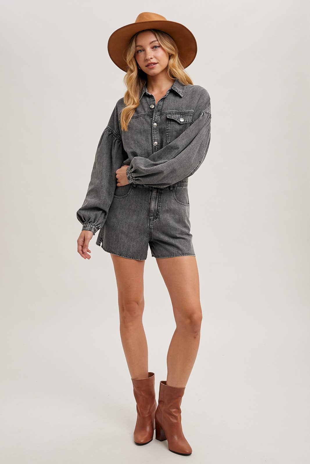 Washed Balloon Sleeve Romper