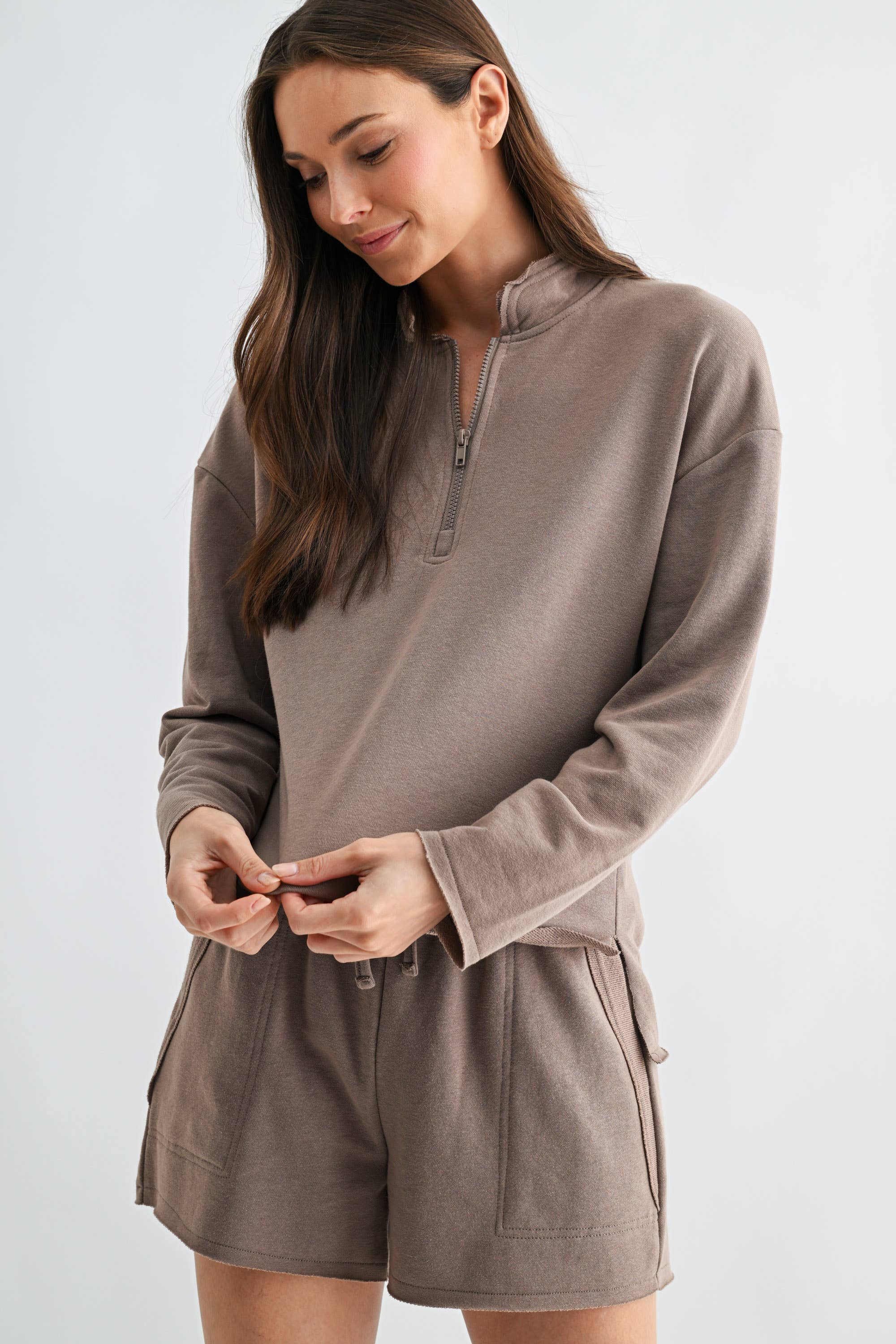 Raw Edge Half-Zip Set: Silken Taupe