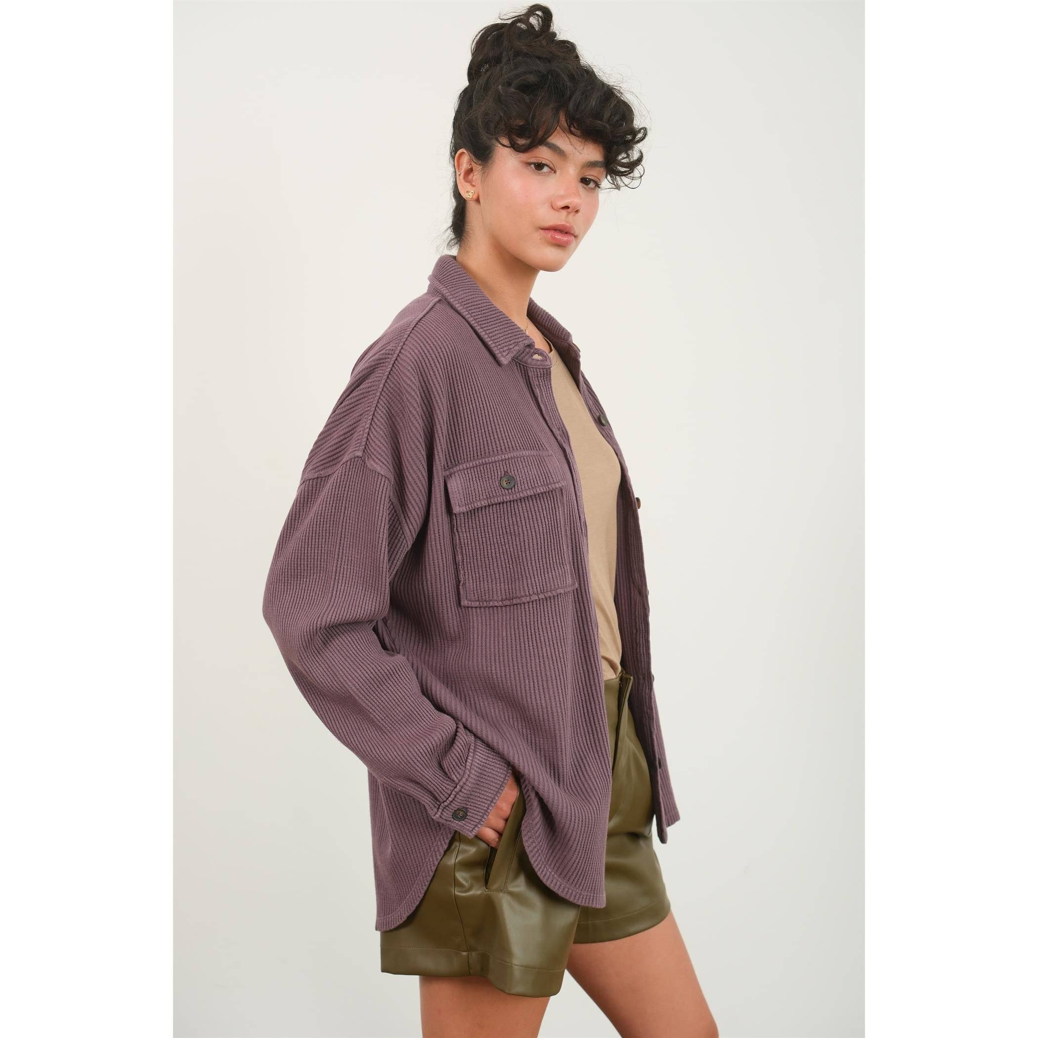 Waffle Shacket: Gray Blue
