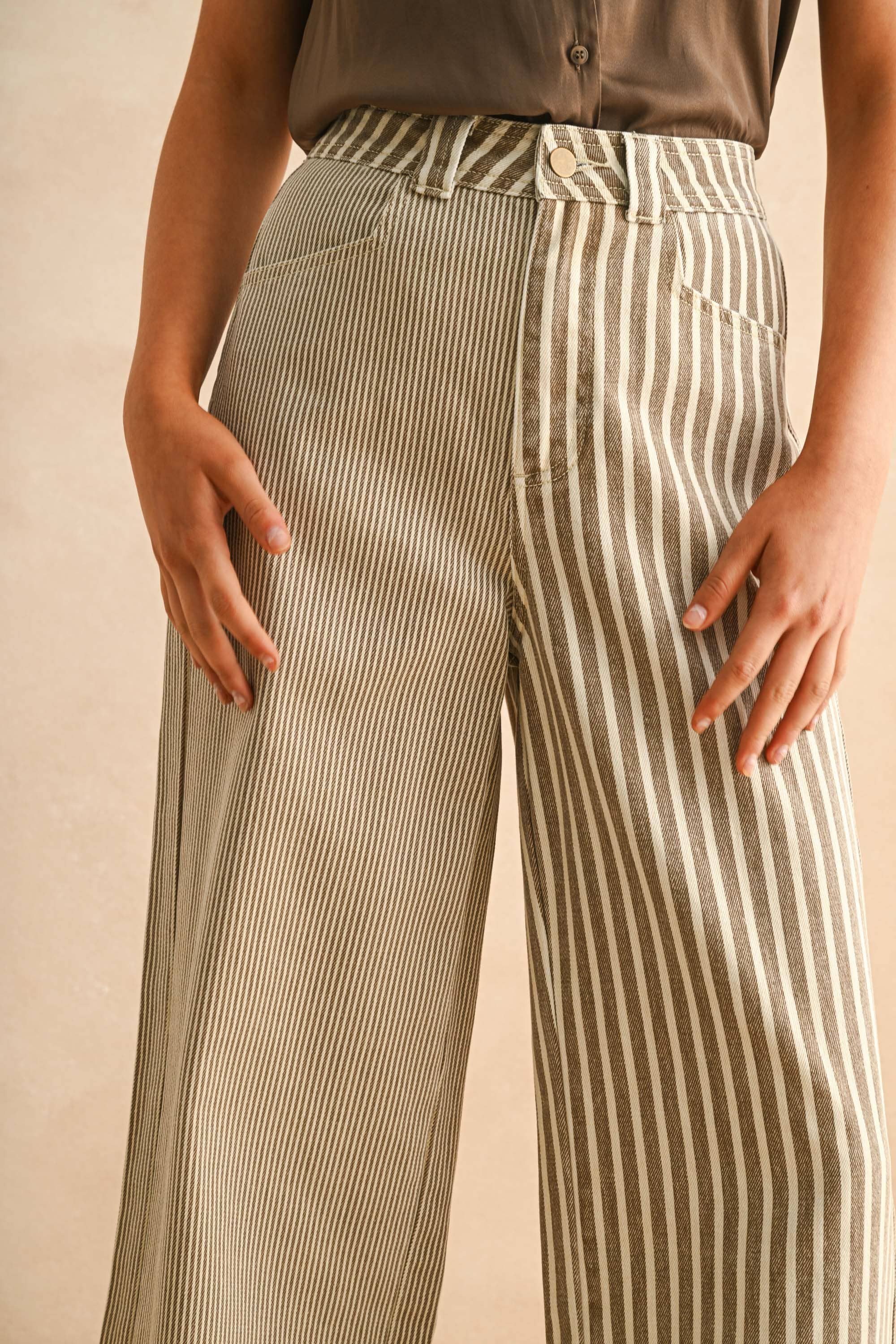 Stripe Fabric Mixed Pants: Brown