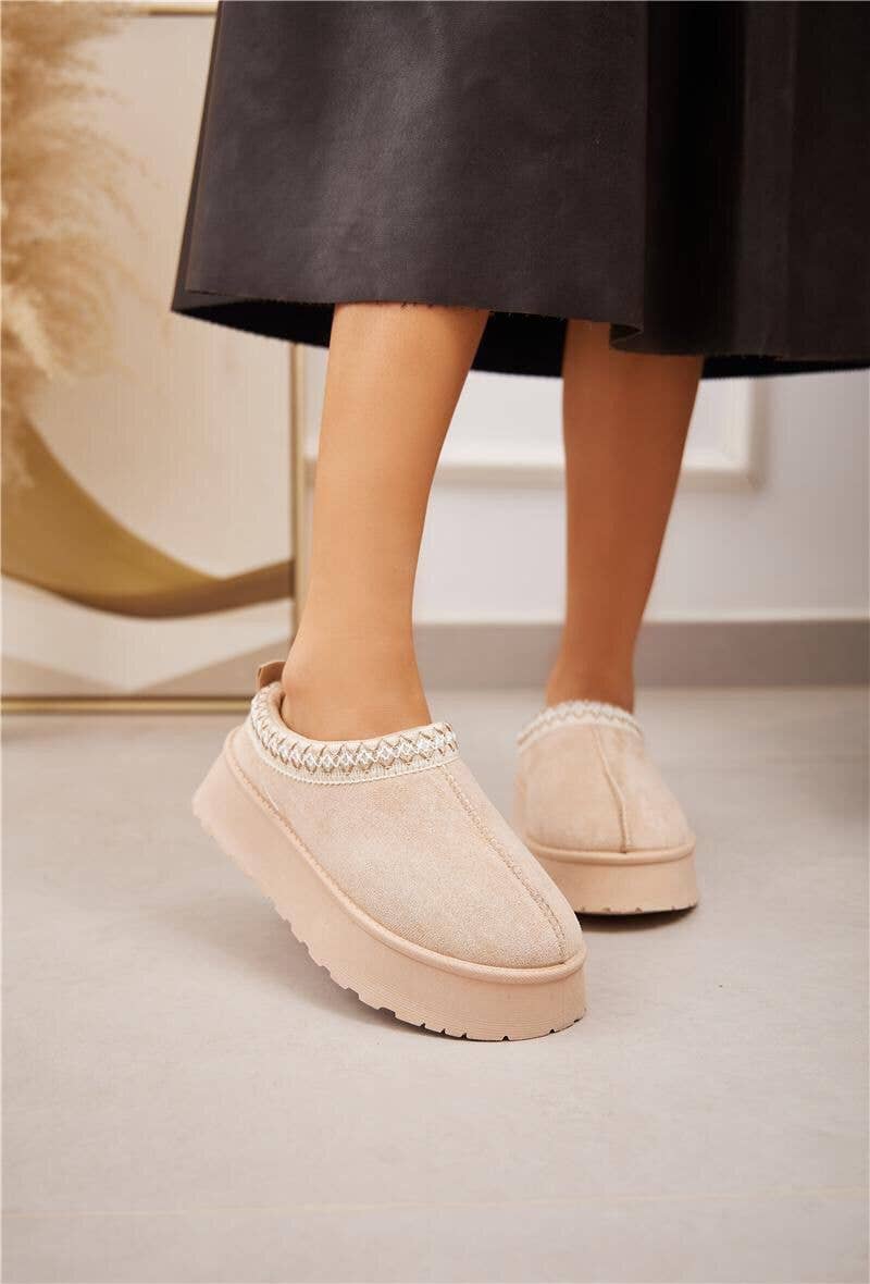Fur Lined Slip Ons: Beige