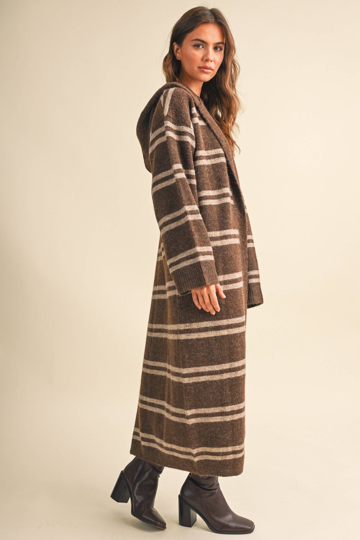 Striped Long Sweater Cardigan: Brown