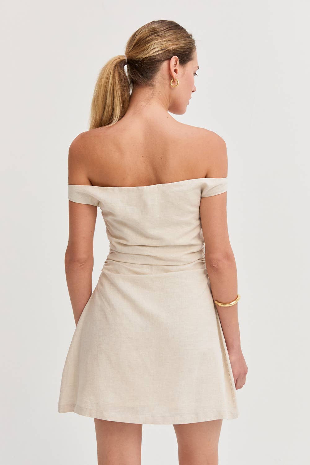 Off Shoulder Ruched Mini Dress: Oat