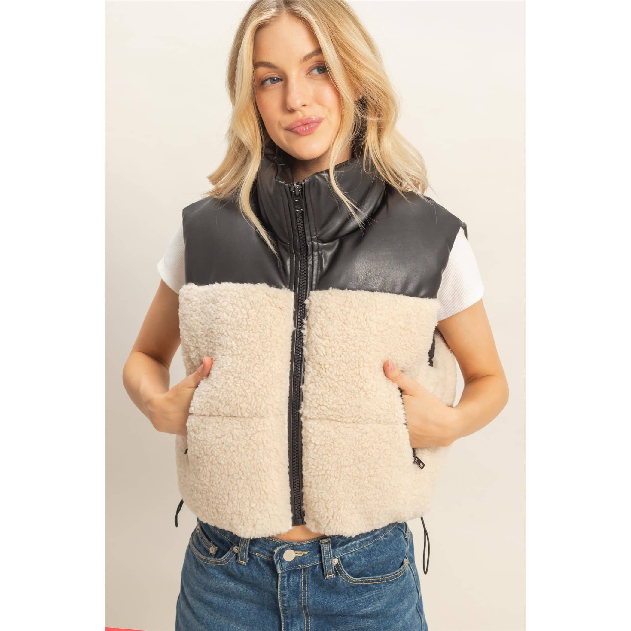 Sherpa Pu Puffer Vest: Cream