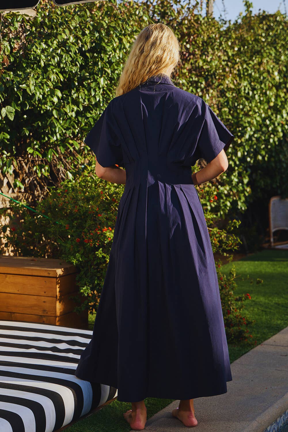 Poplin Pleated Midi Dress: Navy