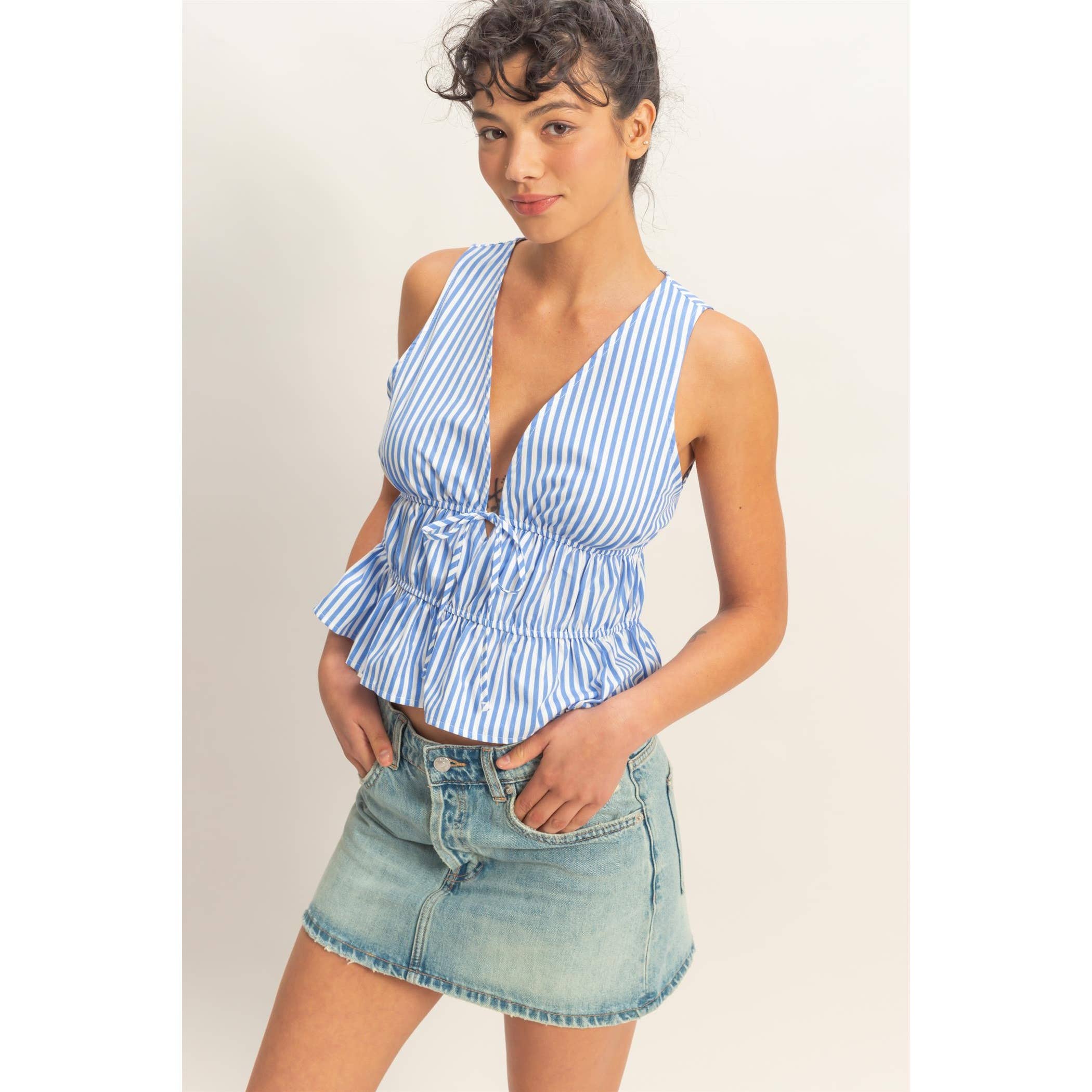 Tie Front Peplum Top: Blue